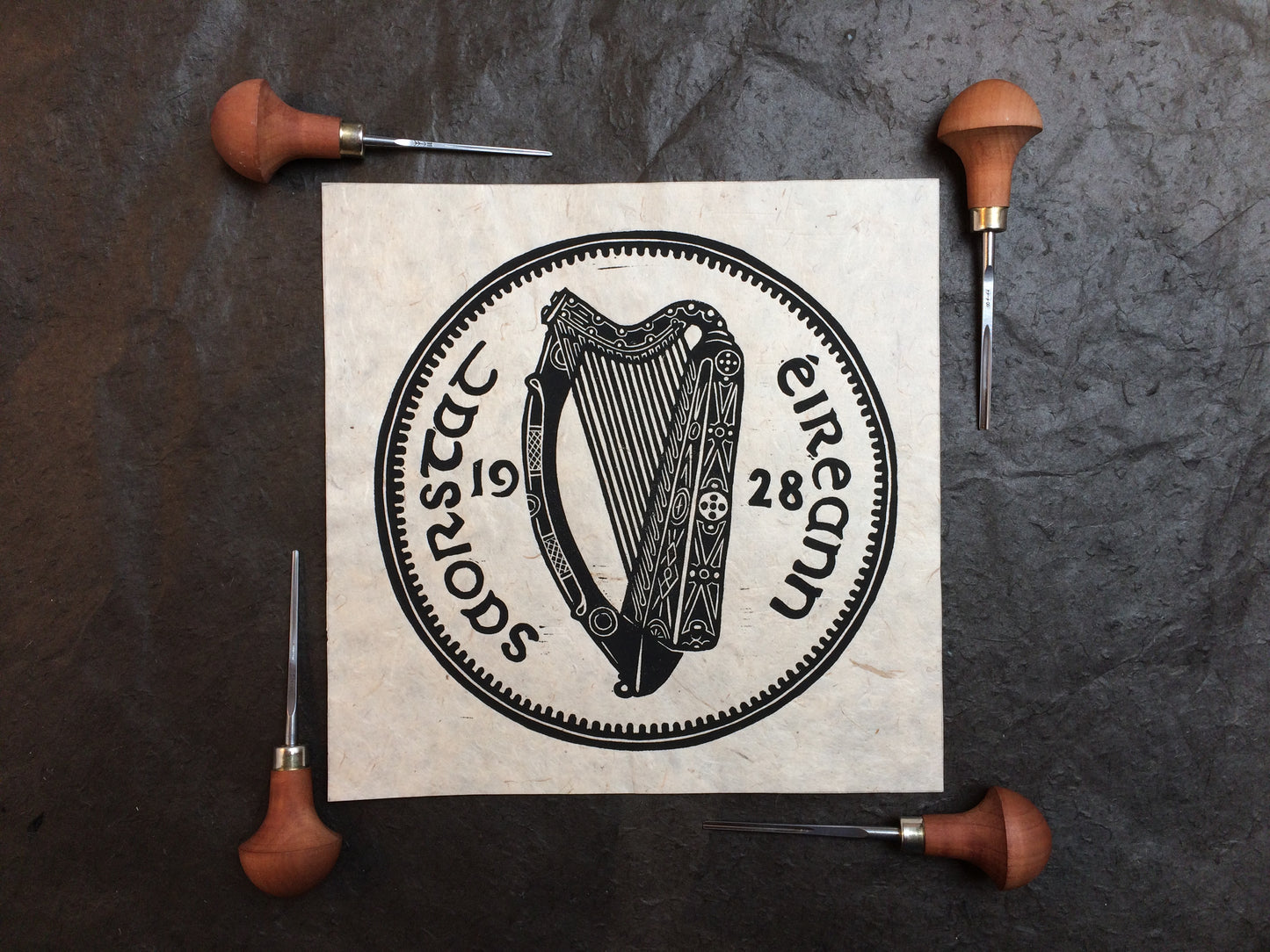 Harp Irish Coin Lino Print Framed