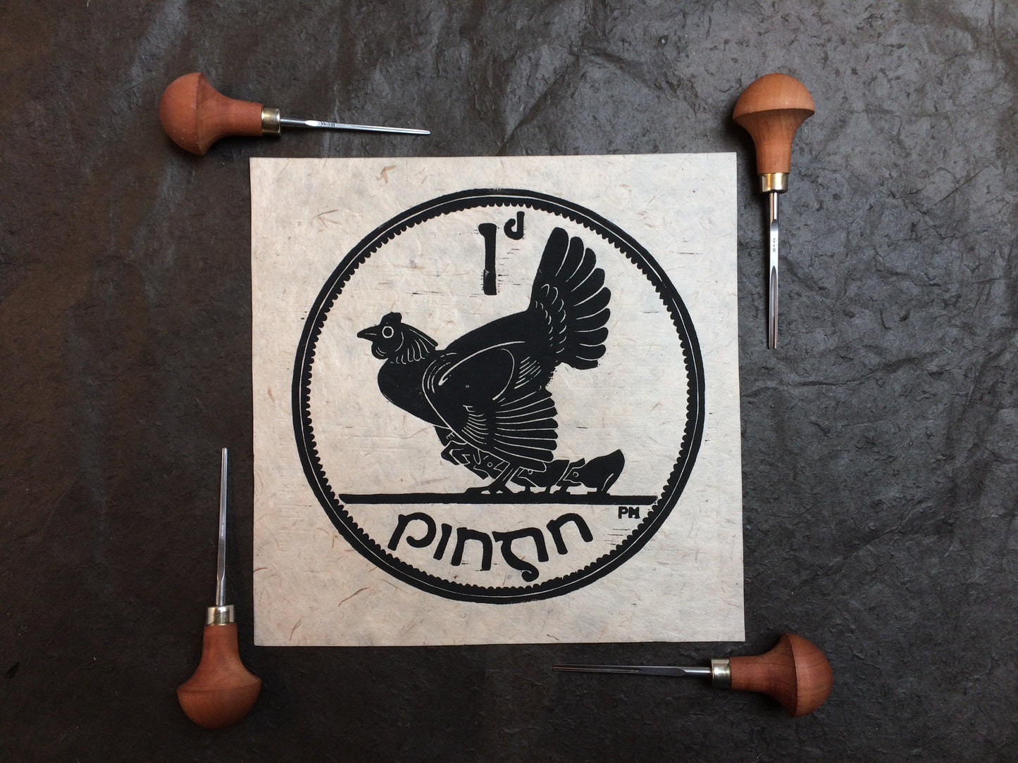 Penny Hen Irish Coin Lino Print Framed