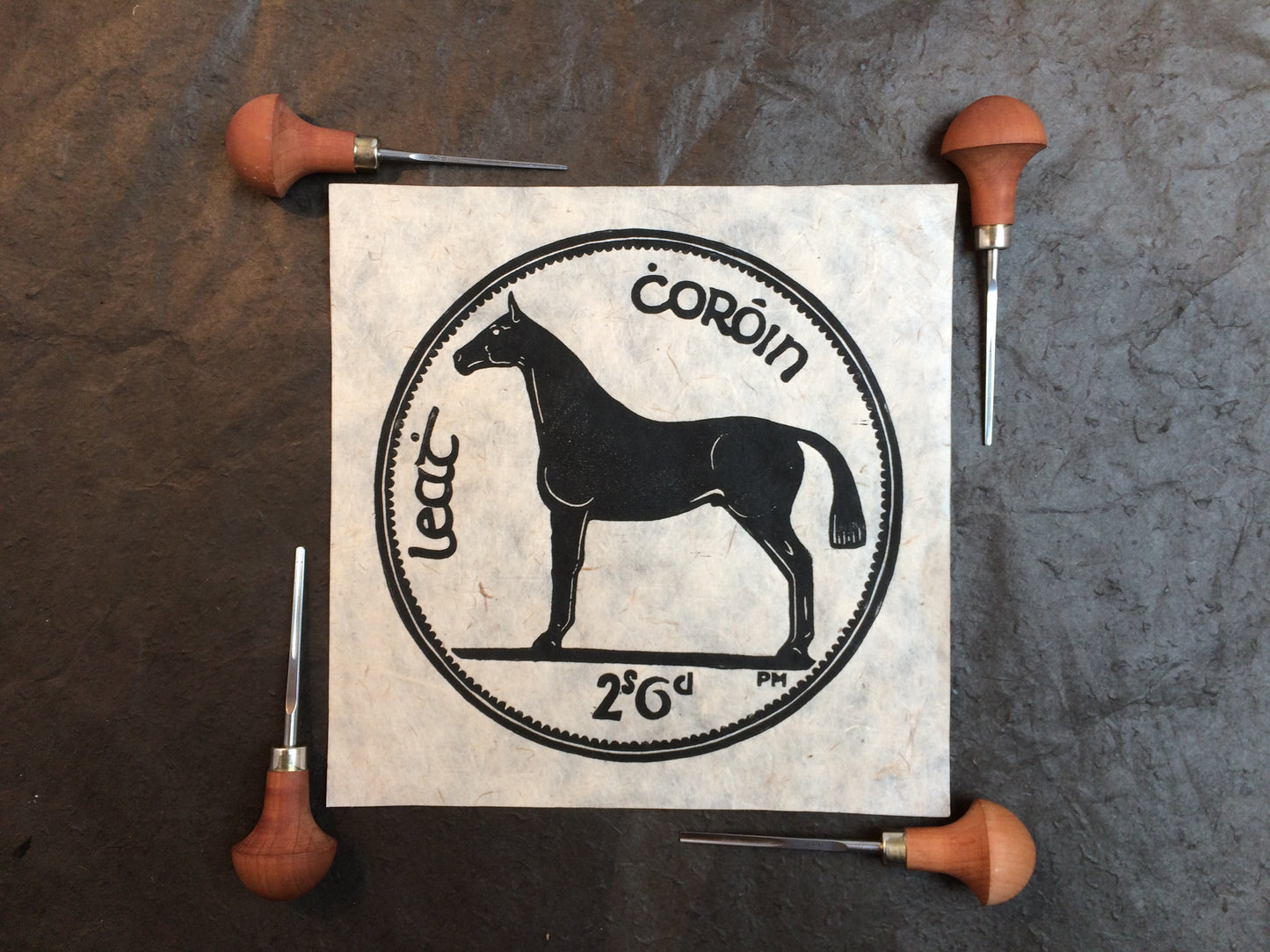 Half Crown Two Shillings and Sixpence Horse Irish Coin Lino Print