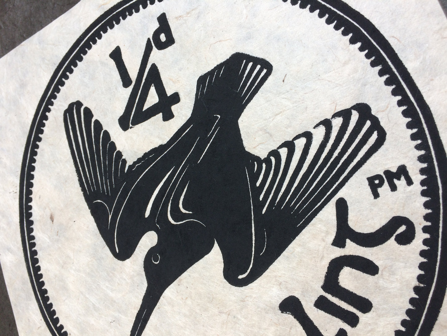 Farthing Quarter of a Penny Woodcock Irish Coin Lino Print