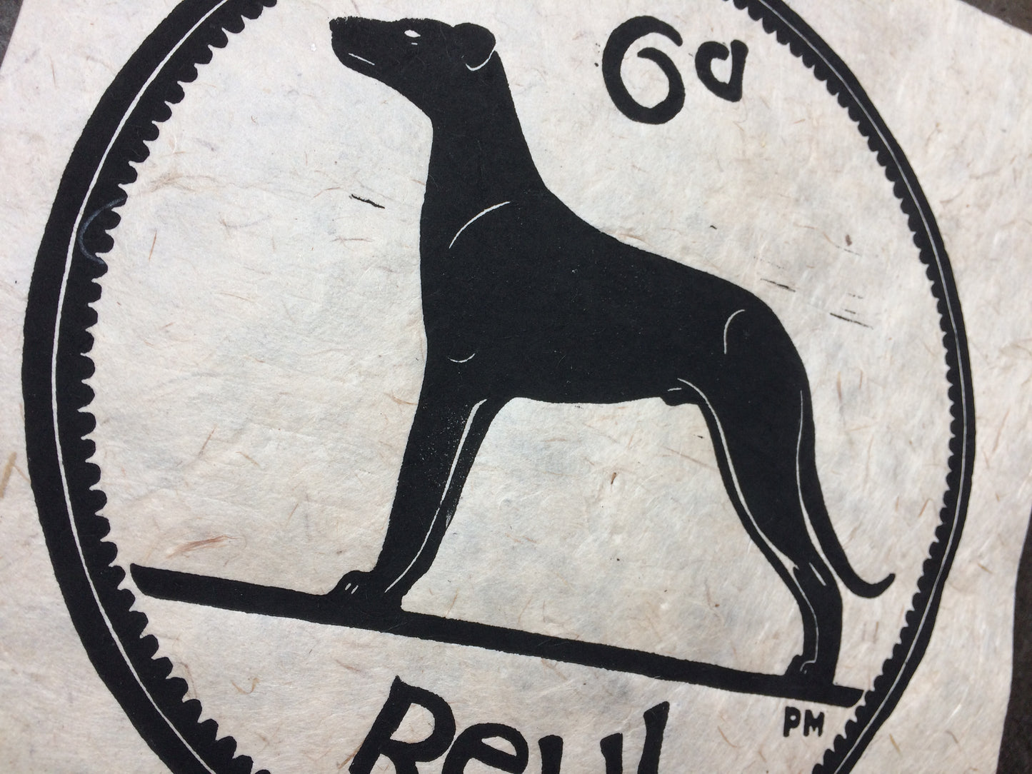 Sixpence Greyhound Irish Coin Lino Print