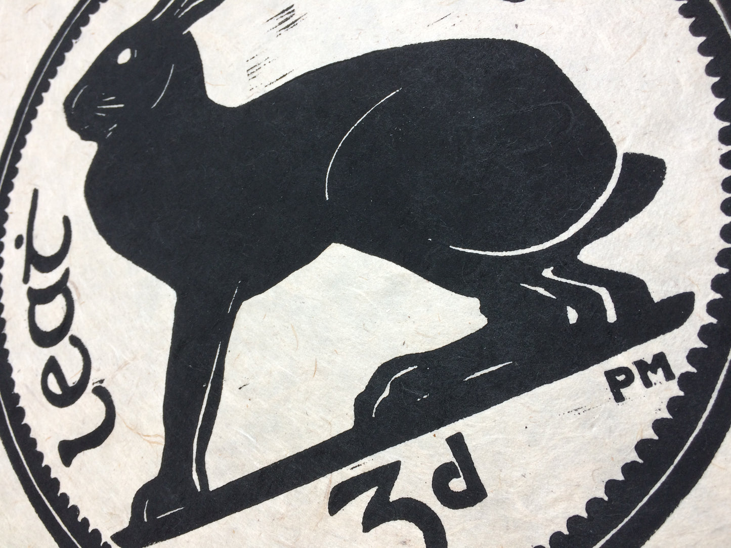Threepence Hare Irish Coin Lino Print