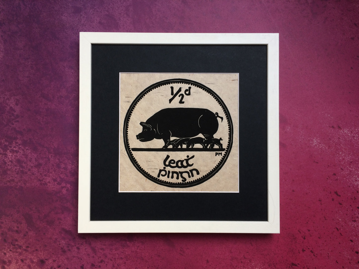 Halfpenny Sow Irish Coin Lino Print Framed