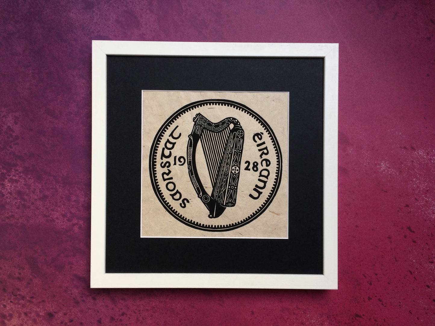 Harp Irish Coin Lino Print Framed