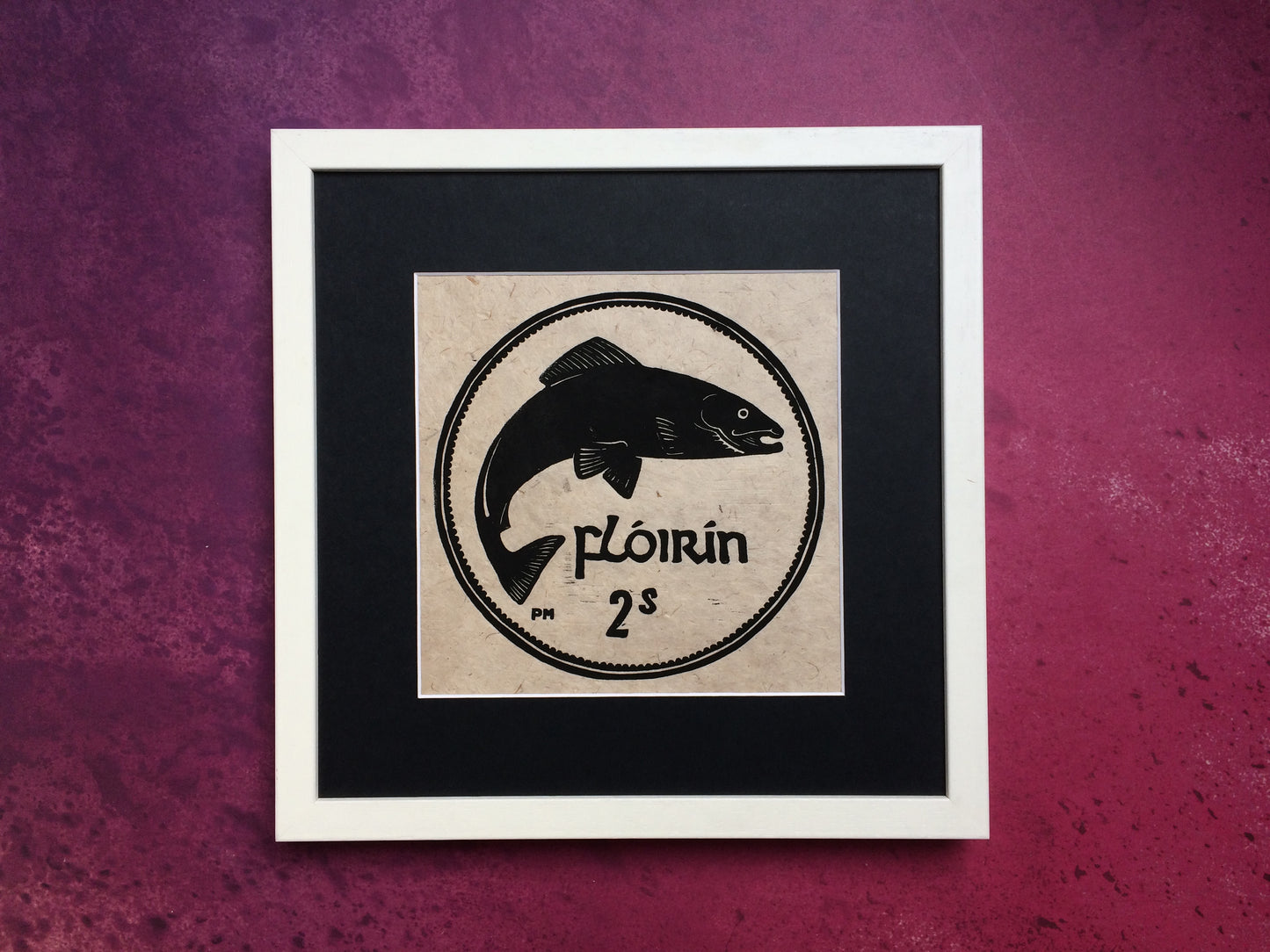 Florin Two Shillings Salmon Irish Coin Lino Print