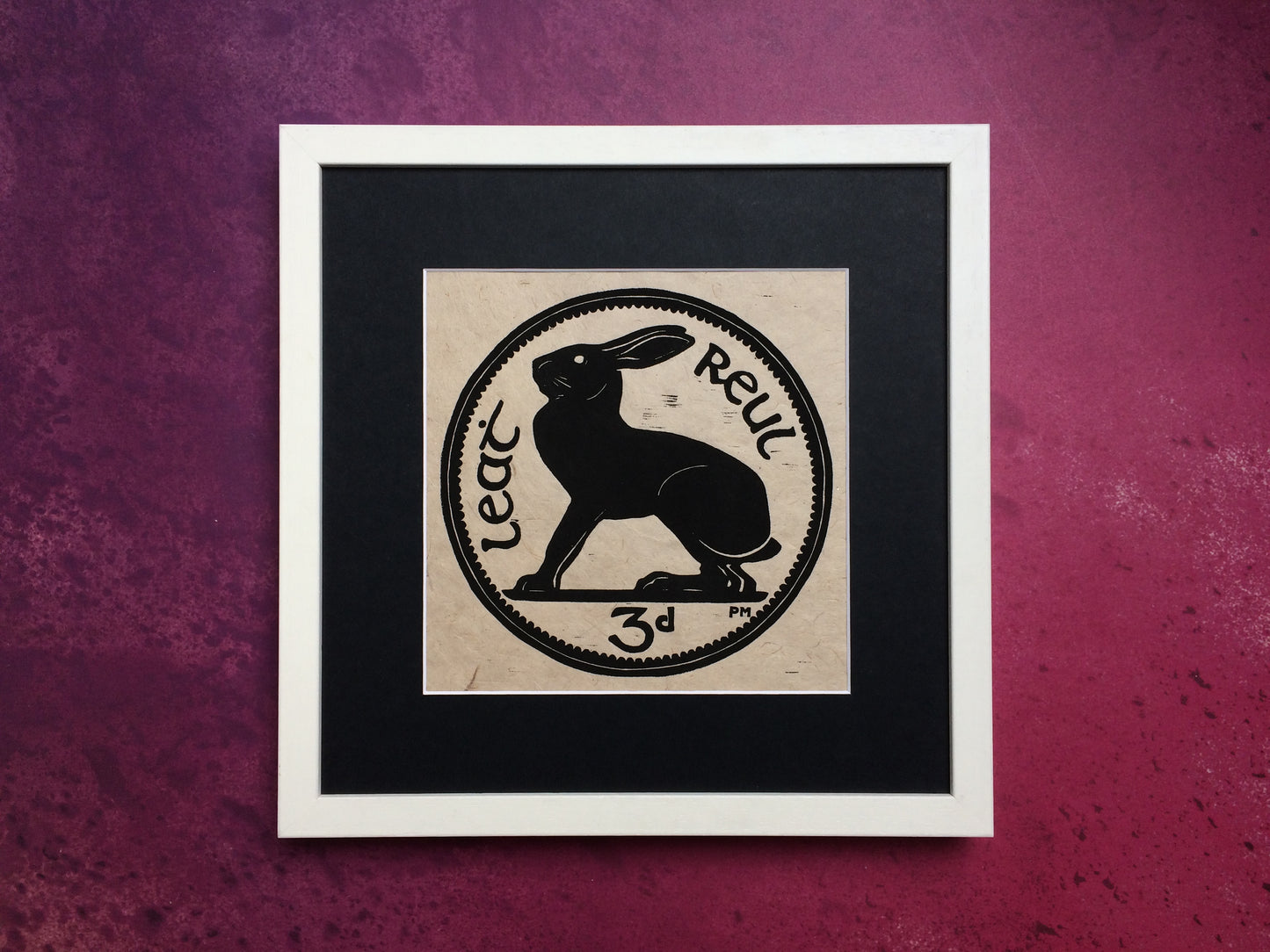 Threepence Hare Irish Coin Lino Print