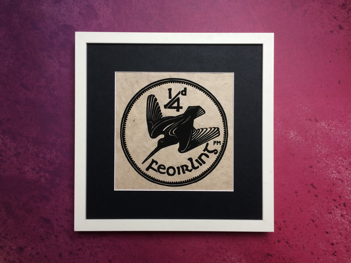 Farthing Quarter of a Penny Woodcock Irish Coin Lino Print
