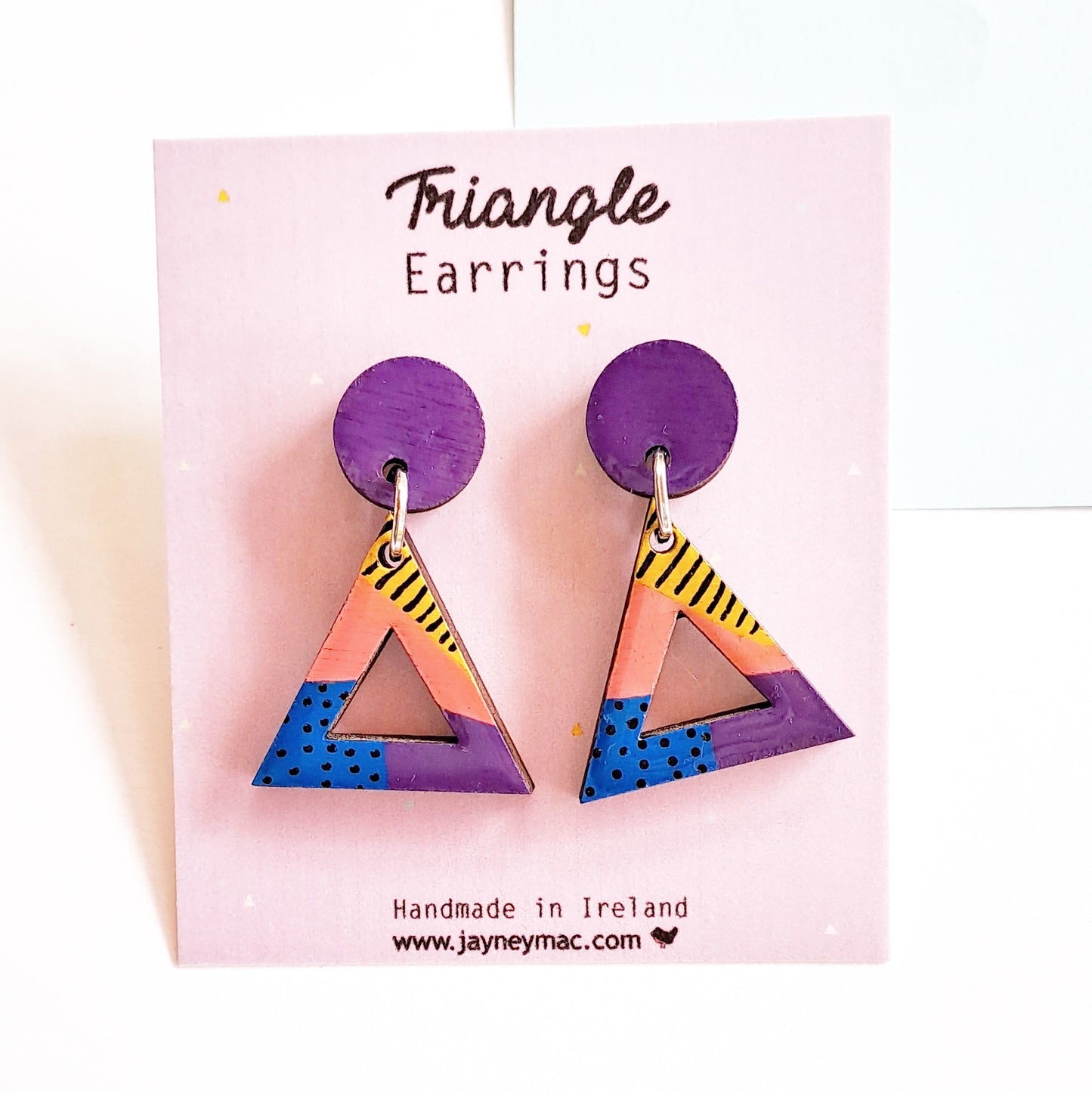 Mini triangle dangle earrings purple polka dot