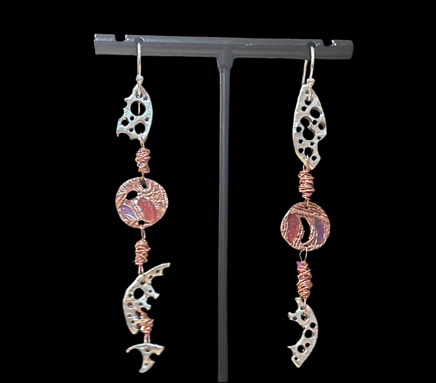 Silver and copper earrings with colours