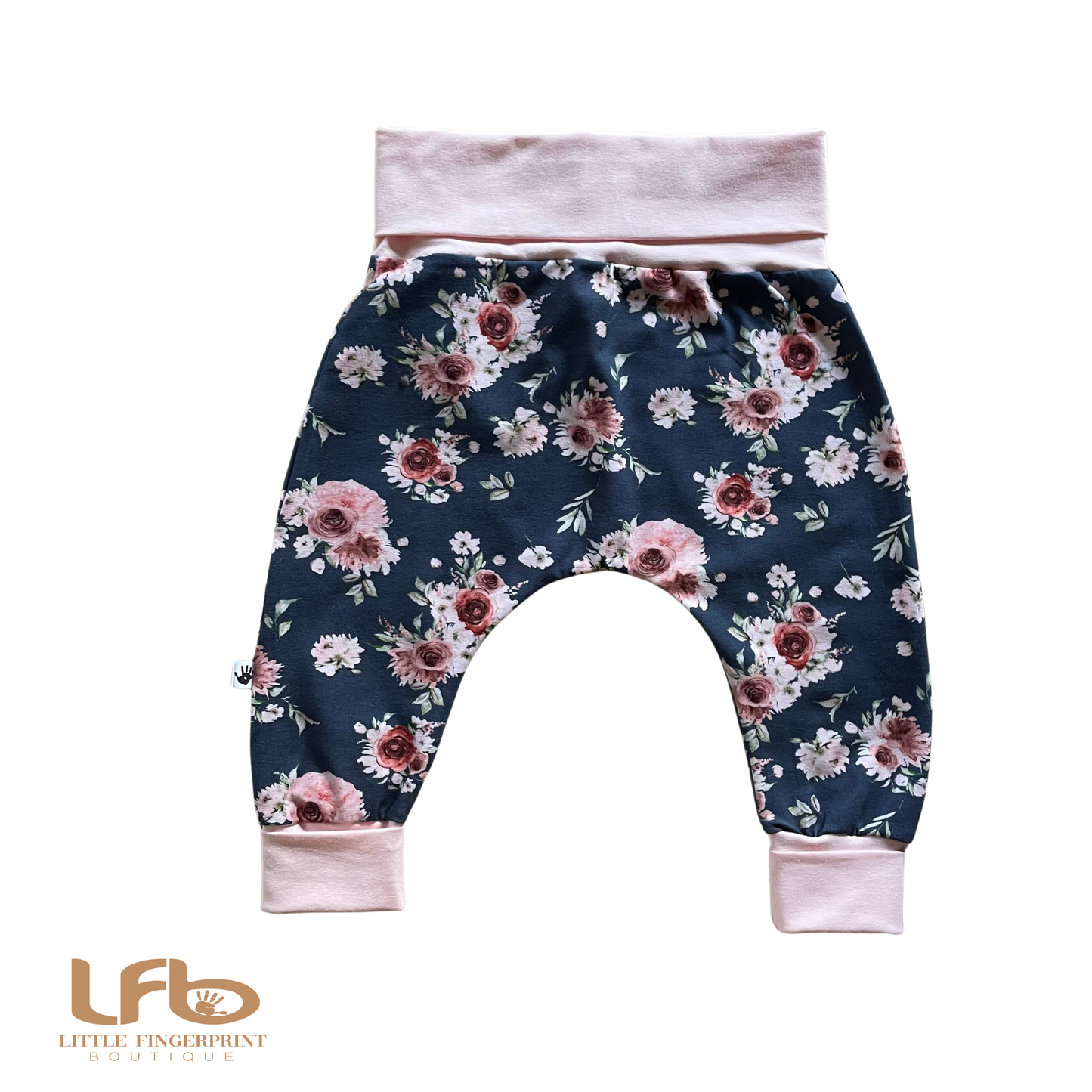 Roses on Navy print- Handmade "Grow with Me" Baby Harem Pants – Adjustable, Comfy & Durable