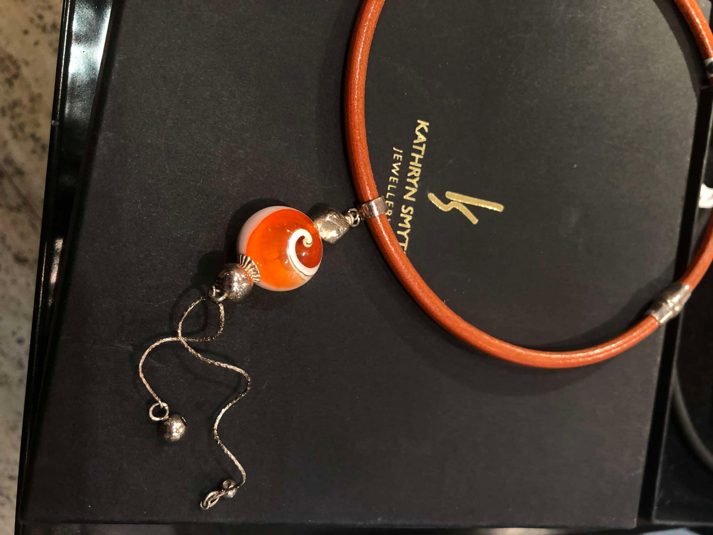 Orange Leather Torc w/ Sterling Silver and Orange Pendant