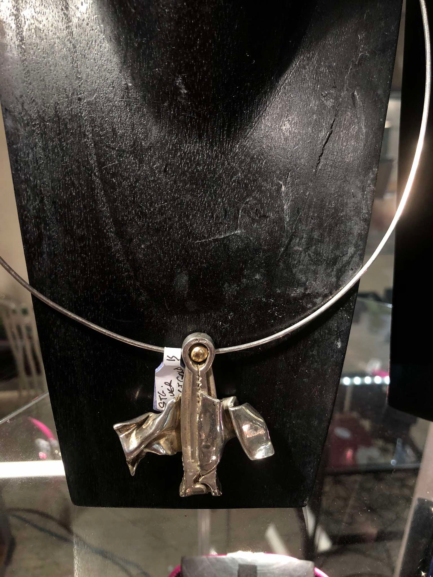 Cast Paper Clasp Stg. Silver Pendant on Stg. Silver Torc Necklace w/ 9ct Gold Bead