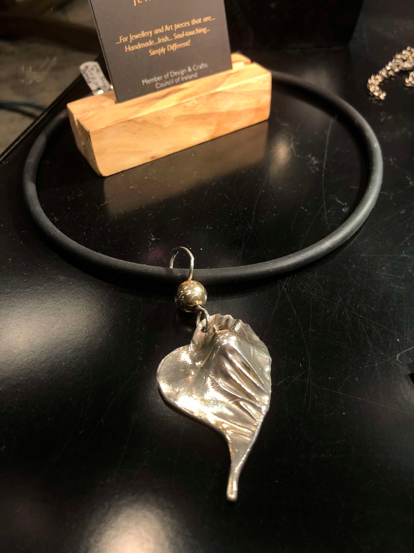 Black Rubber Torc with Sterling Silver Heart Leaf Pendant w/ 14ct Gold filled Bead