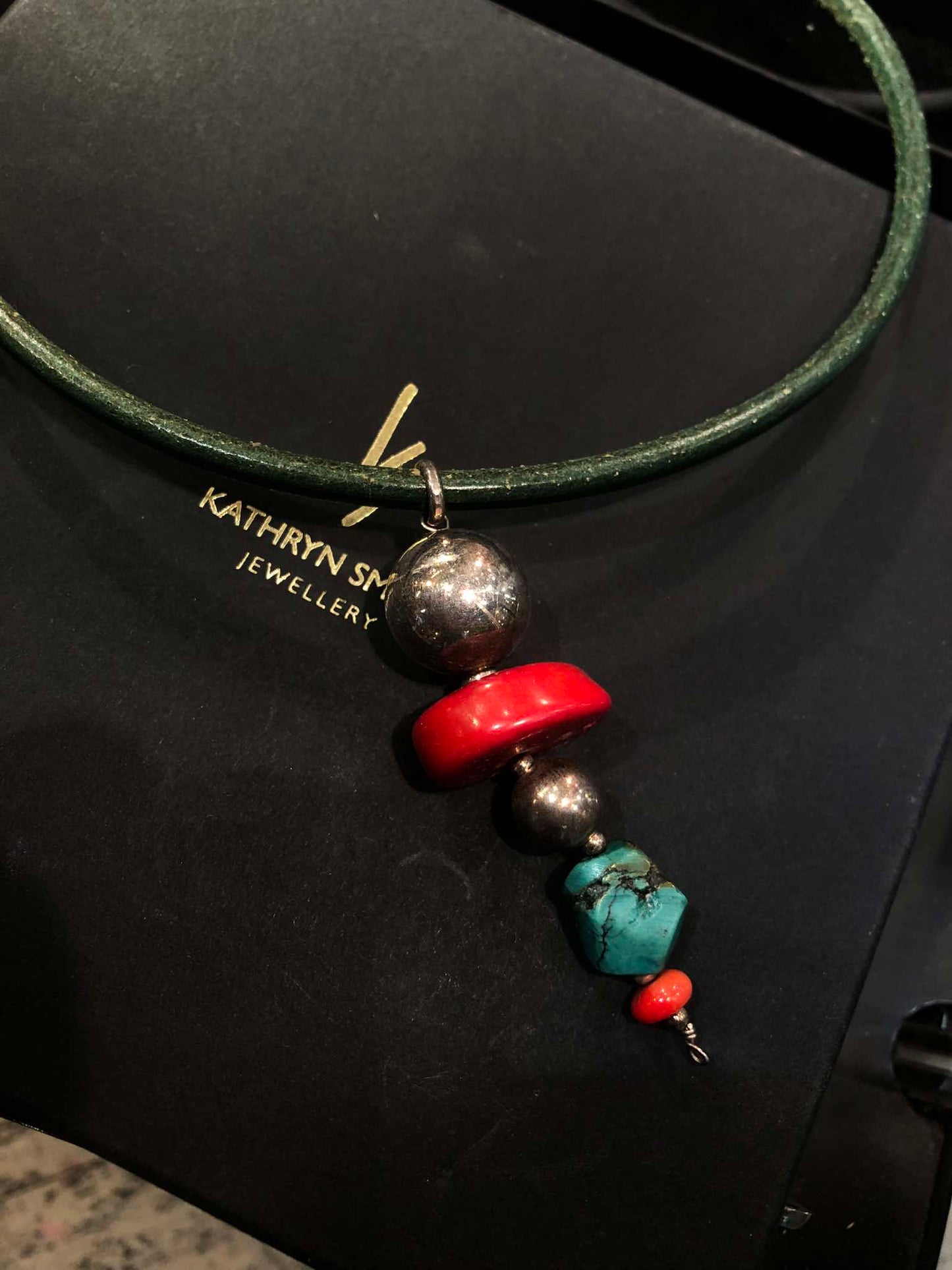 Green Italian Leather Torc w/ Sterling Silver, Natural Red Coral & Mexican Turquoise Pendant