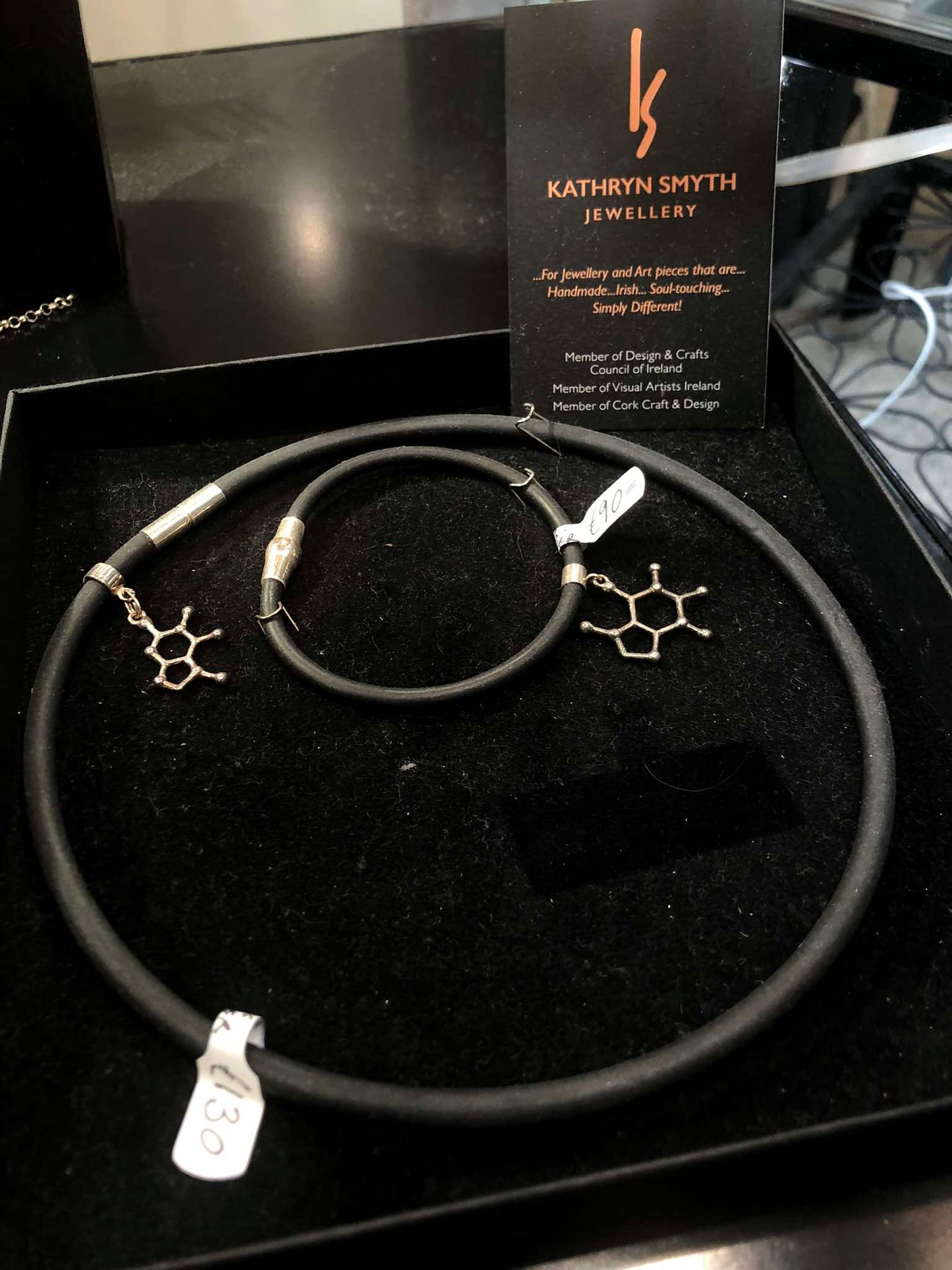 Chemical Symbol - Chocolate Stg. Silver Pendant on Black Rubber Torc Necklace