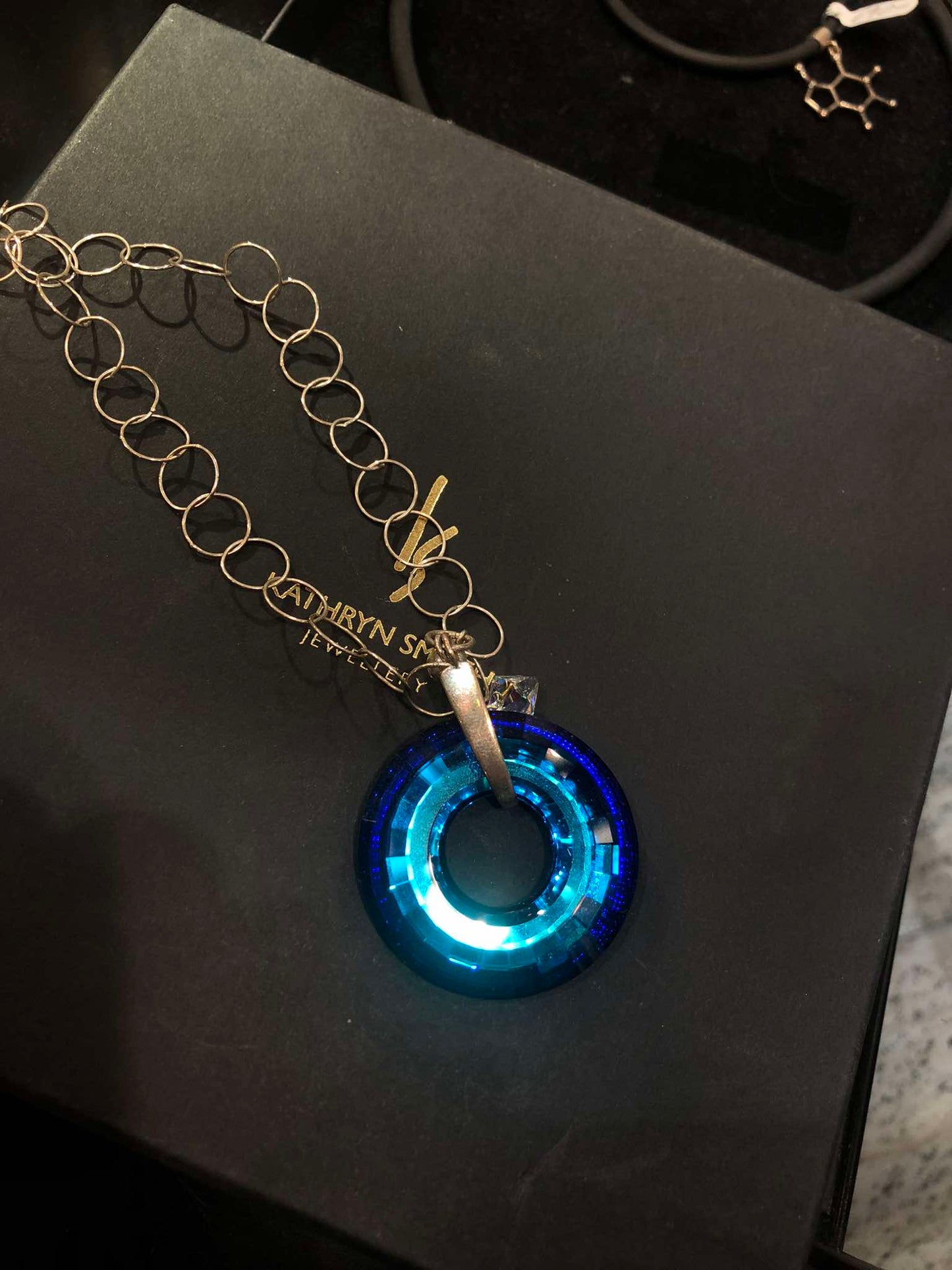 Long Statement Stg. Silver Chain with Blue Swarovski Crystal Pendant