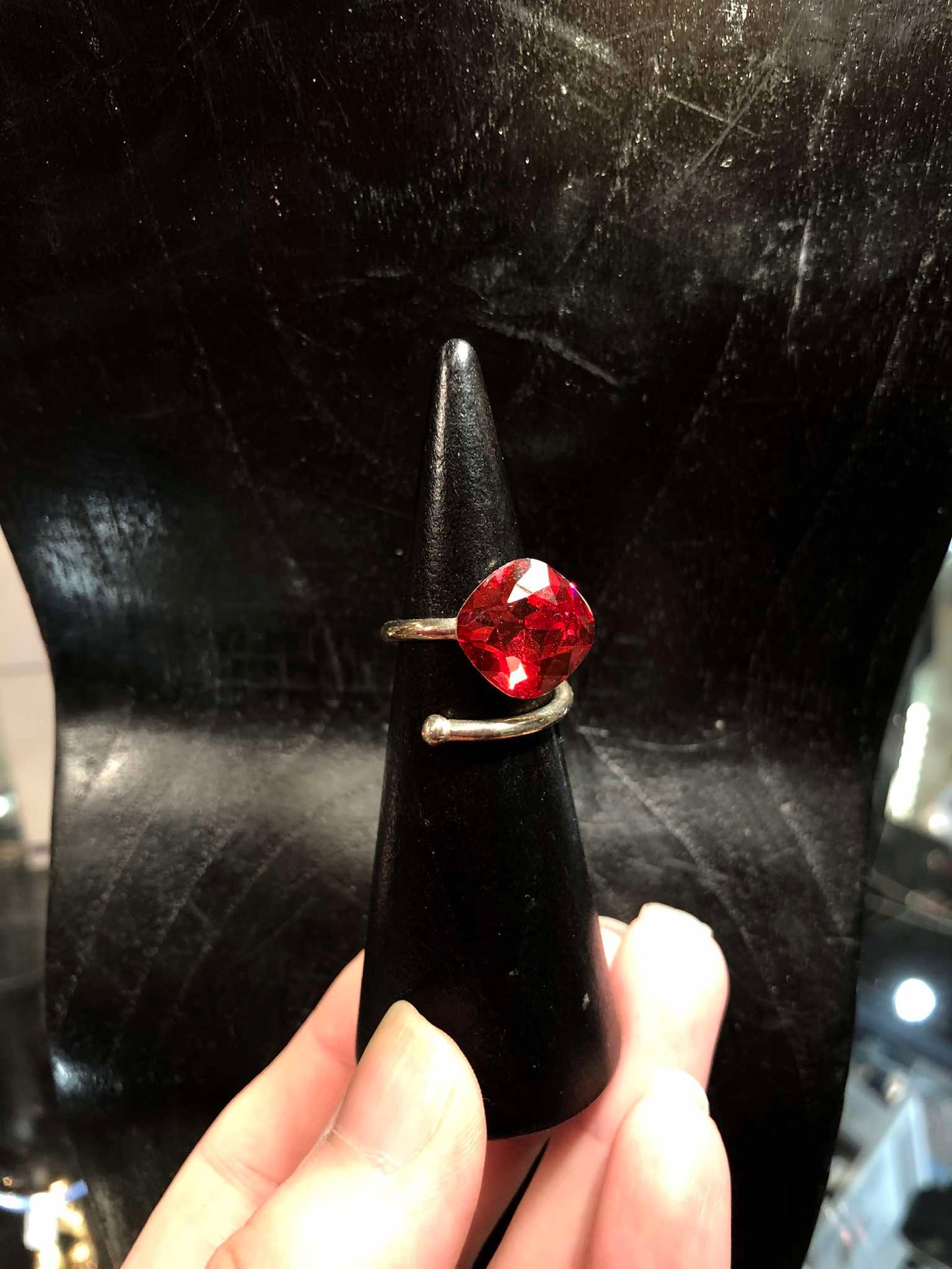 Red Crystal Sterling Silver Adjustable Ring