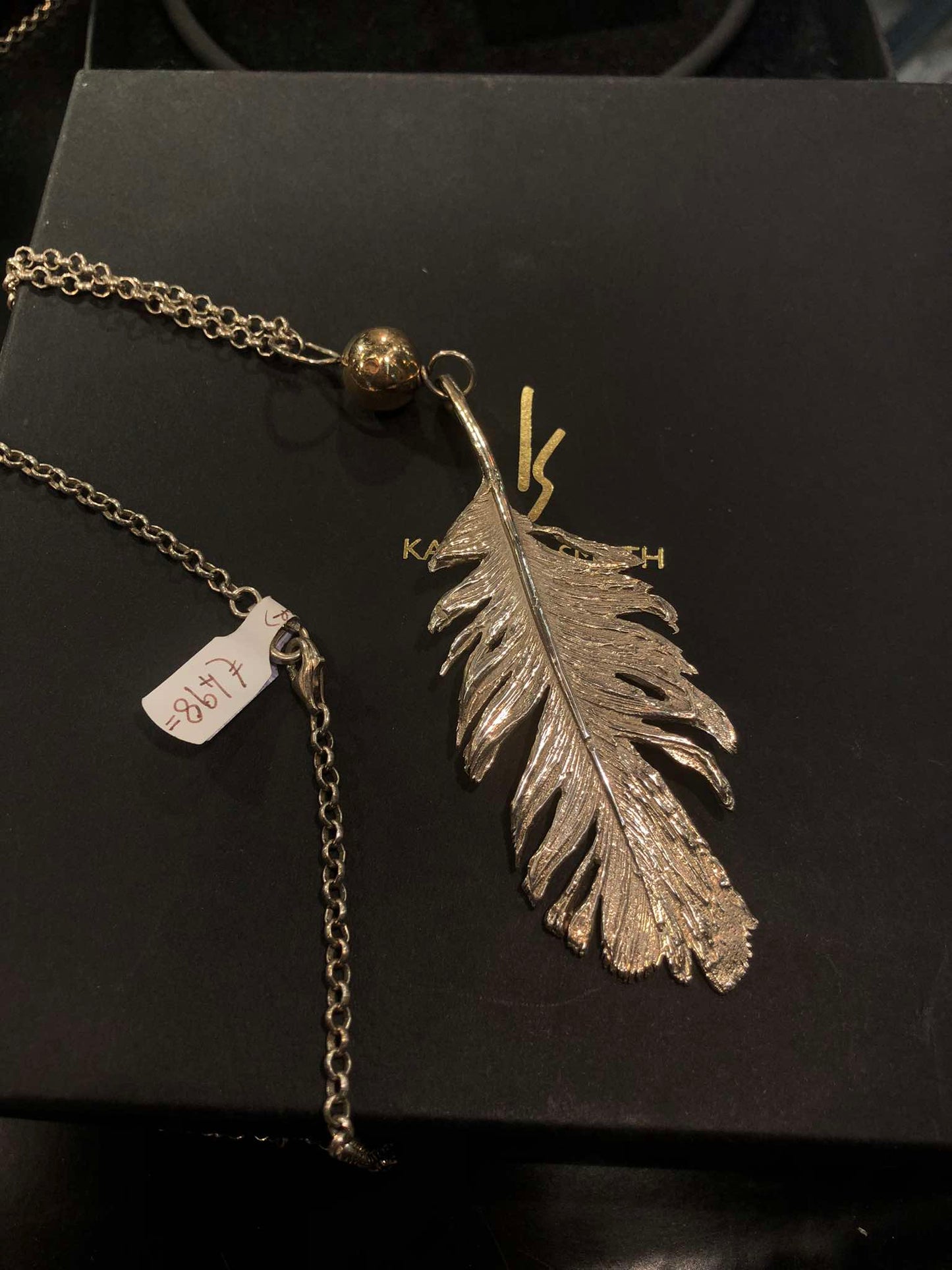 Feather Motif Sterling Silver Necklace on Long Chain