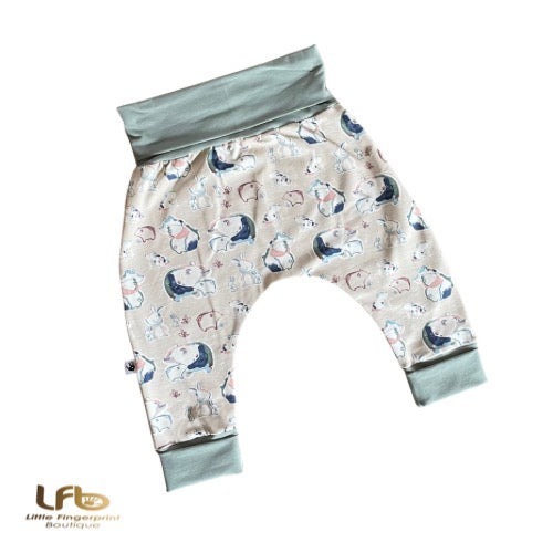 Bear Hugs print- Handmade "Grow with Me" Baby Harem Pants – Adjustable, Comfy & Durable
