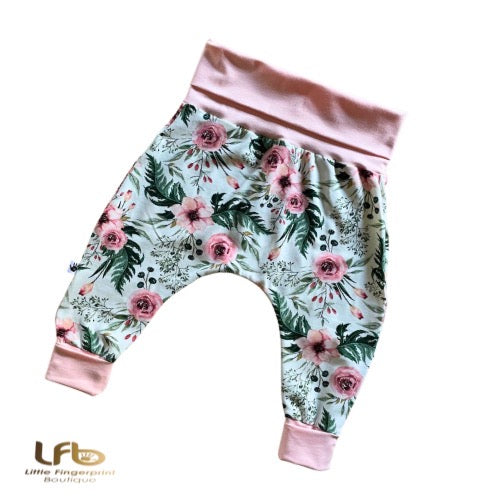 Rose print- Handmade "Grow with Me" Baby Harem Pants – Adjustable, Comfy & Durable