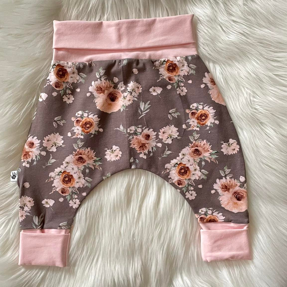 Roses on Taupe print- Handmade "Grow with Me" Baby Harem Pants – Adjustable, Comfy & Durable