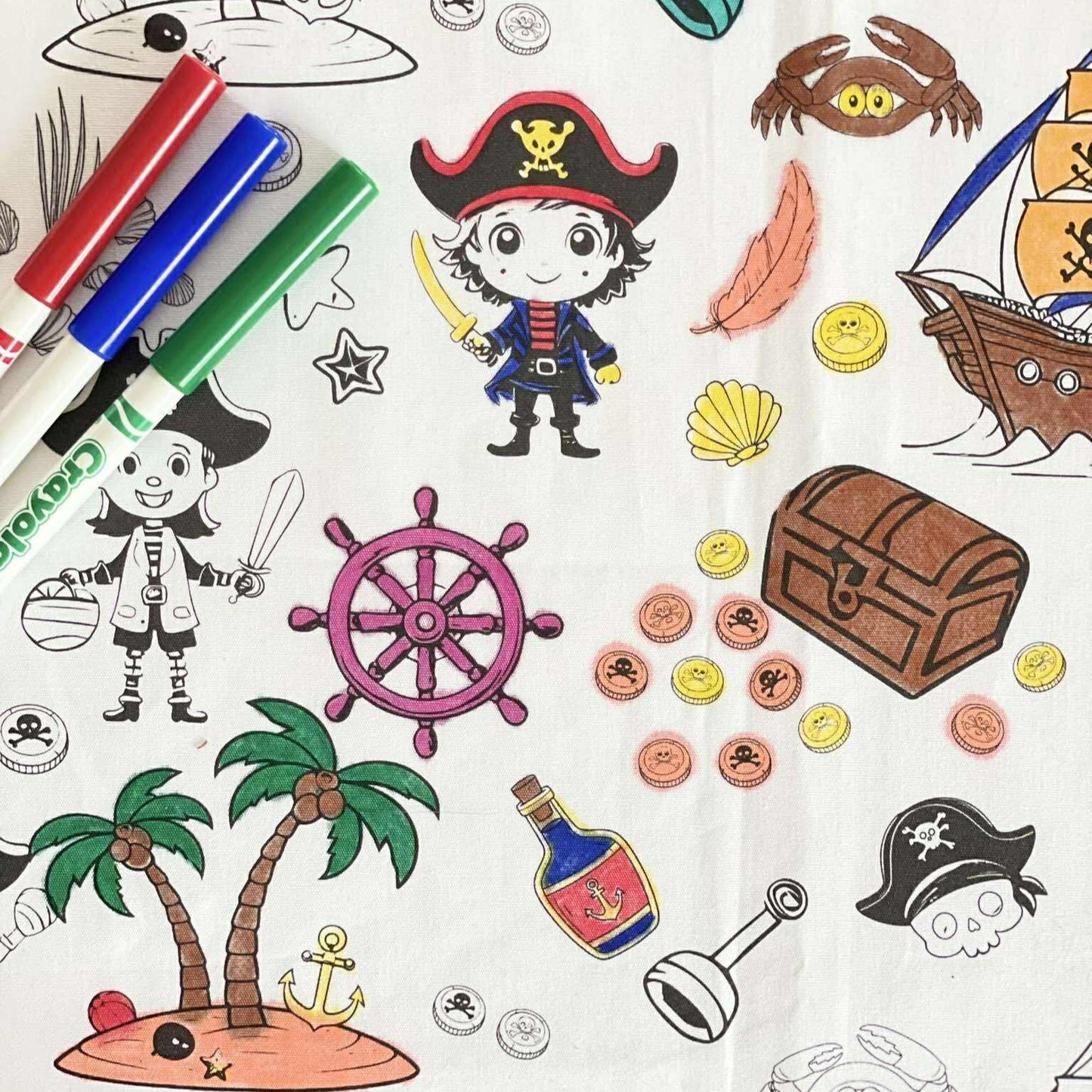 Pirates 'Colour Me' Placemat with 12 Washable | Reversible Colouring Placemat