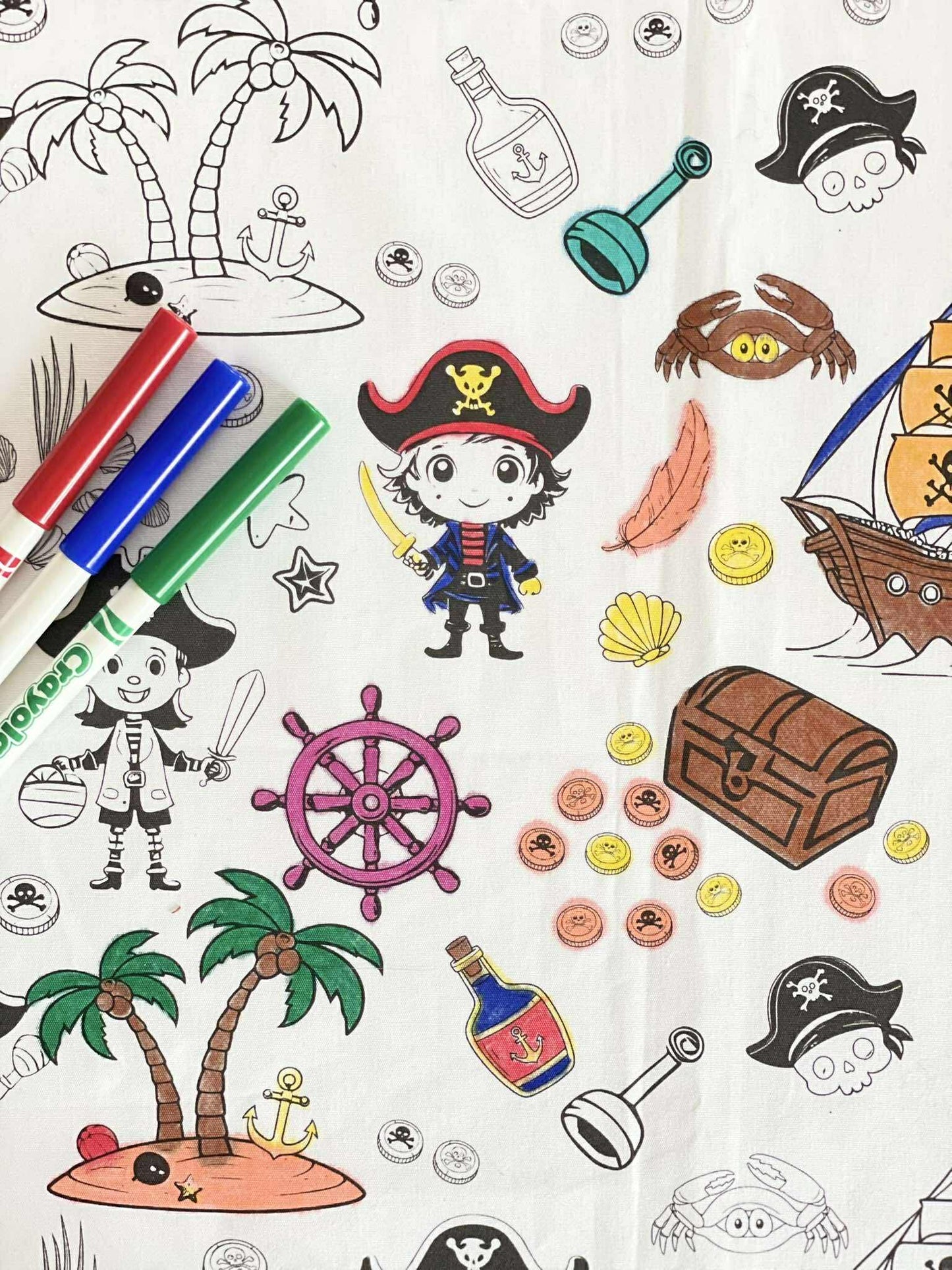 Pirate ‘Colour Me’ Apron with 12 Washable Markers – Reversible, Creative, and Durable Apron for Kids Aged 3-8 | Gift Idea
