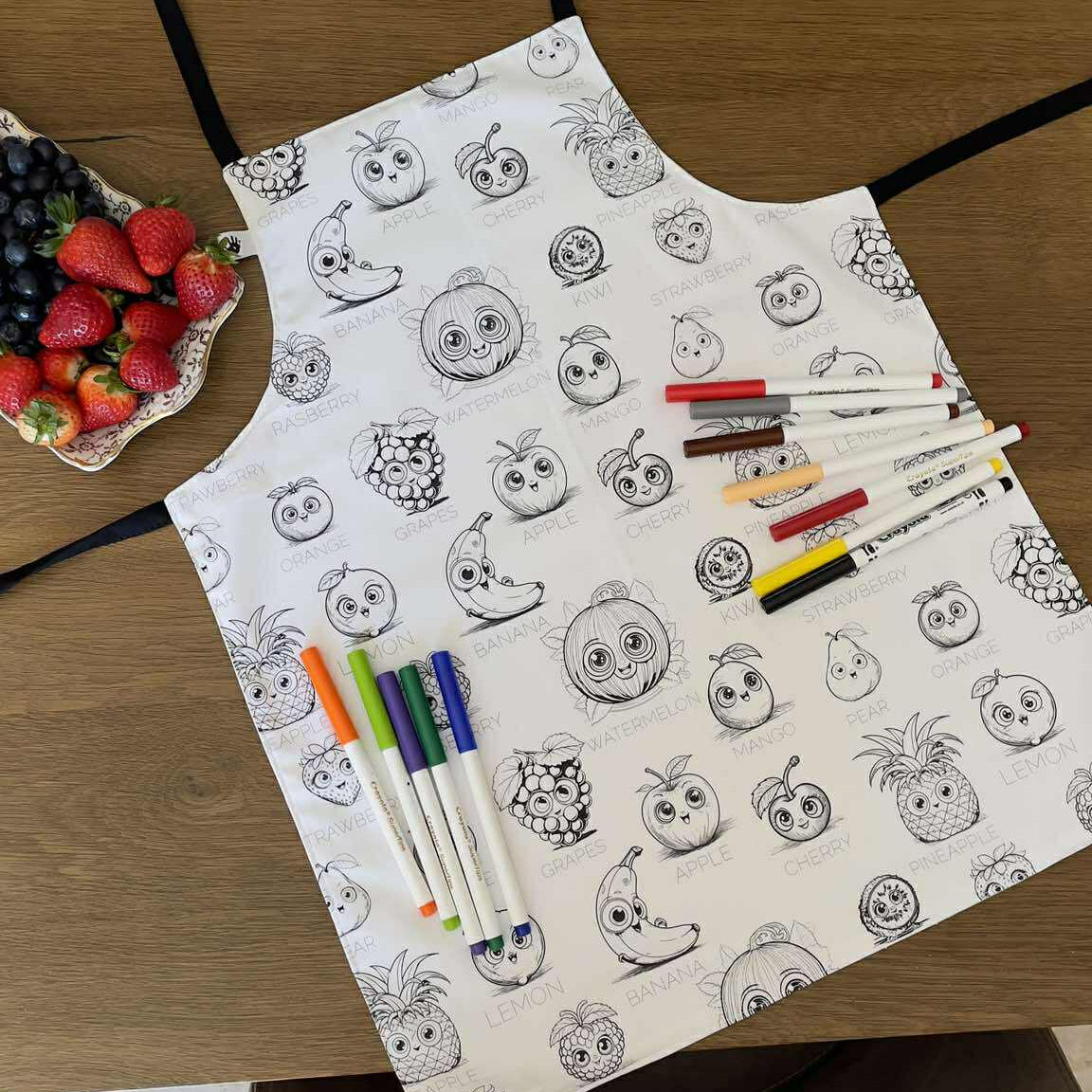 Fruit ‘Colour Me’ Apron with 12 Washable Markers – Reversible, Creative, and Durable Apron for Kids Aged 3-8 | Gift Idea