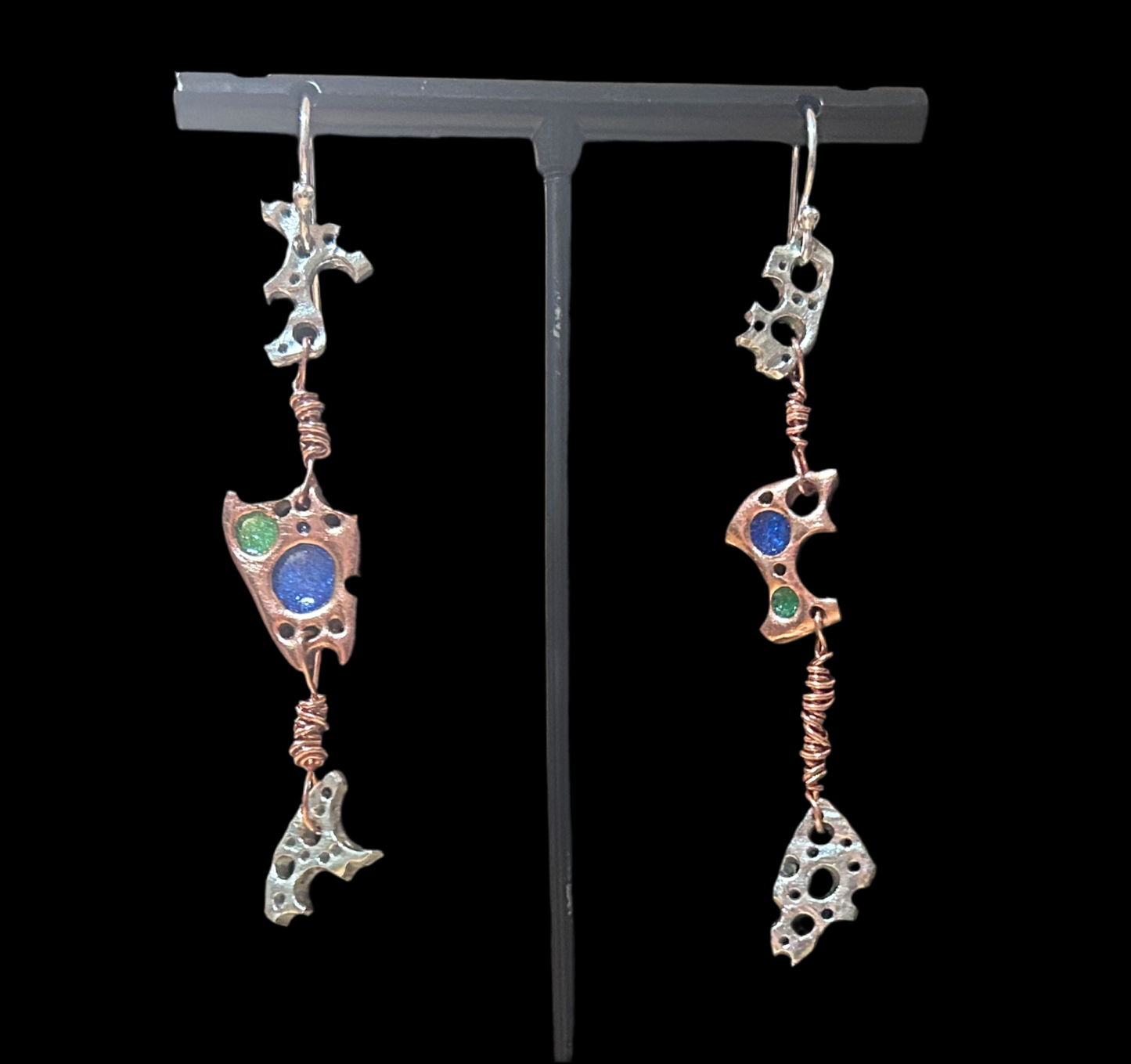 Silver and copper earrings with colours
