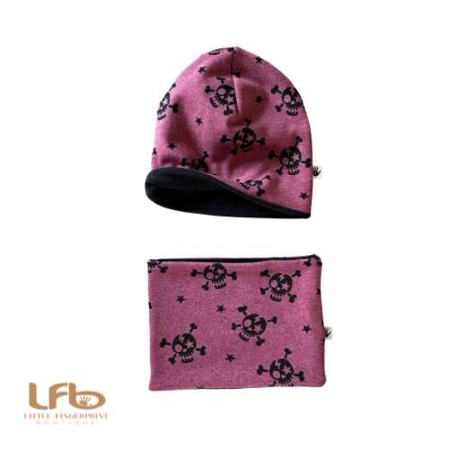 Skull Print Slouchy Beanie Hat and Neck Warmer – Reversible | Toddler & Kids