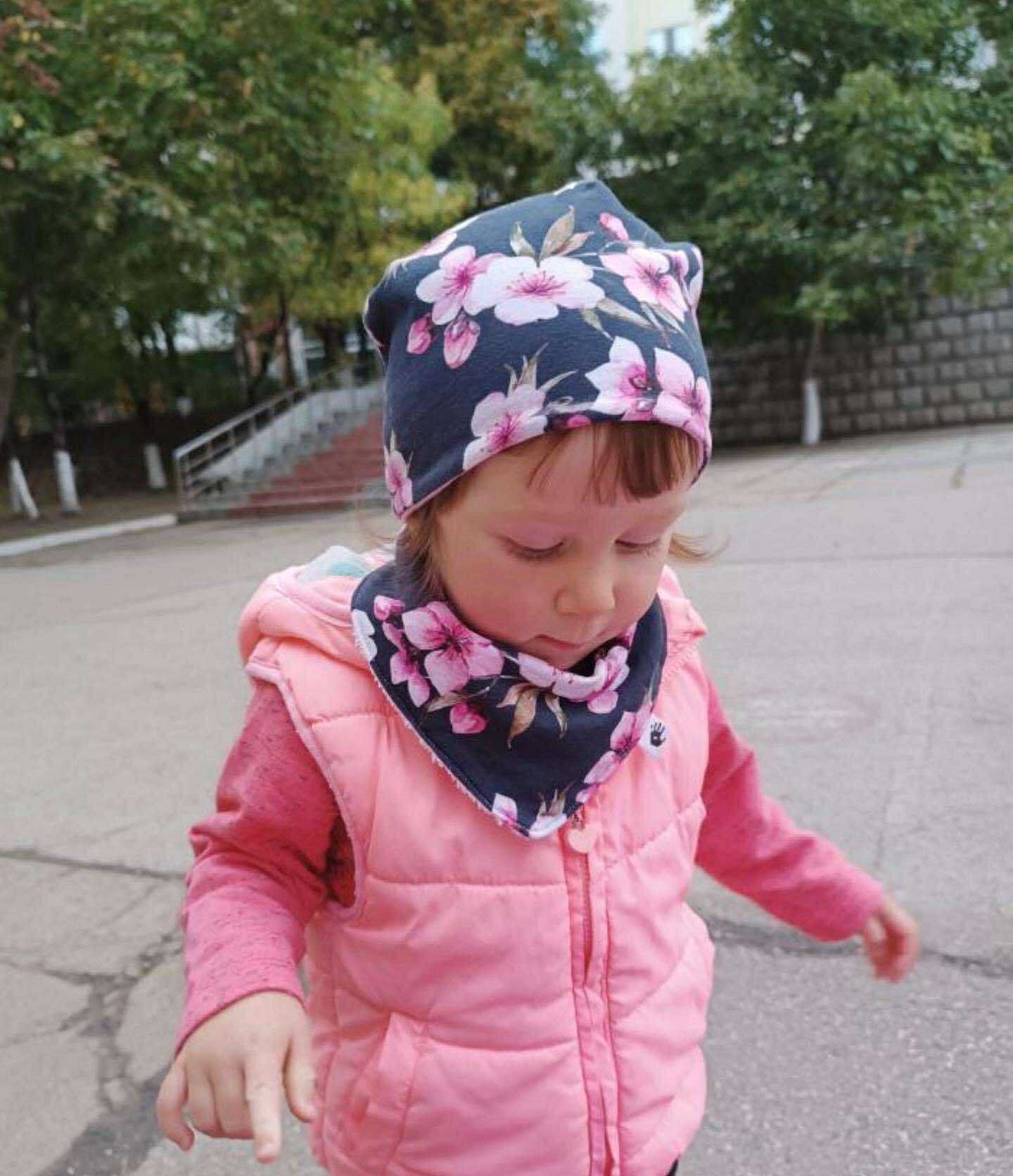 Reversible Grey Cherry Blossom Slouchy Beanie hat Matching Bandana Bib – Toddler and Baby Gift Set