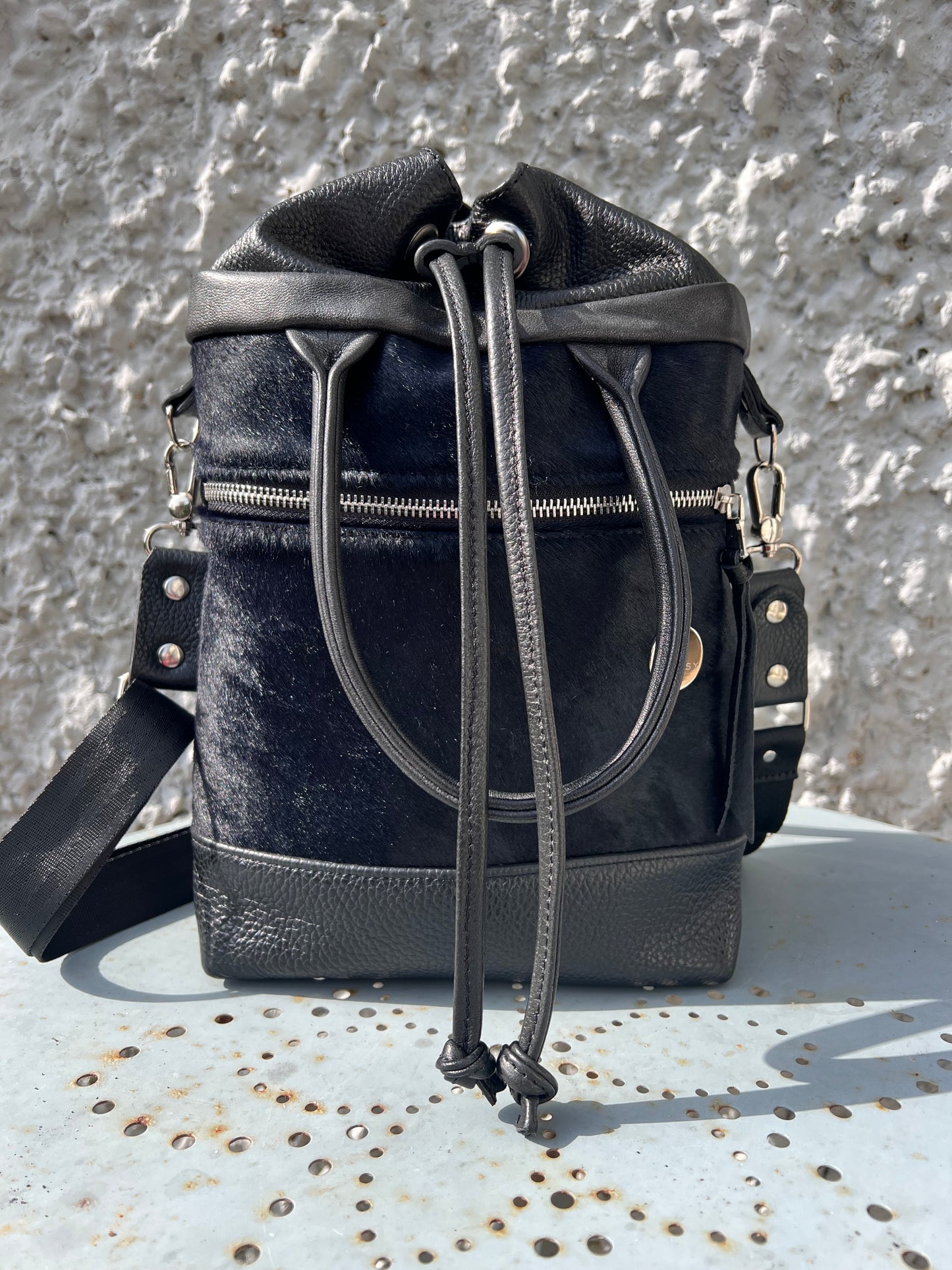 Black bucket bag