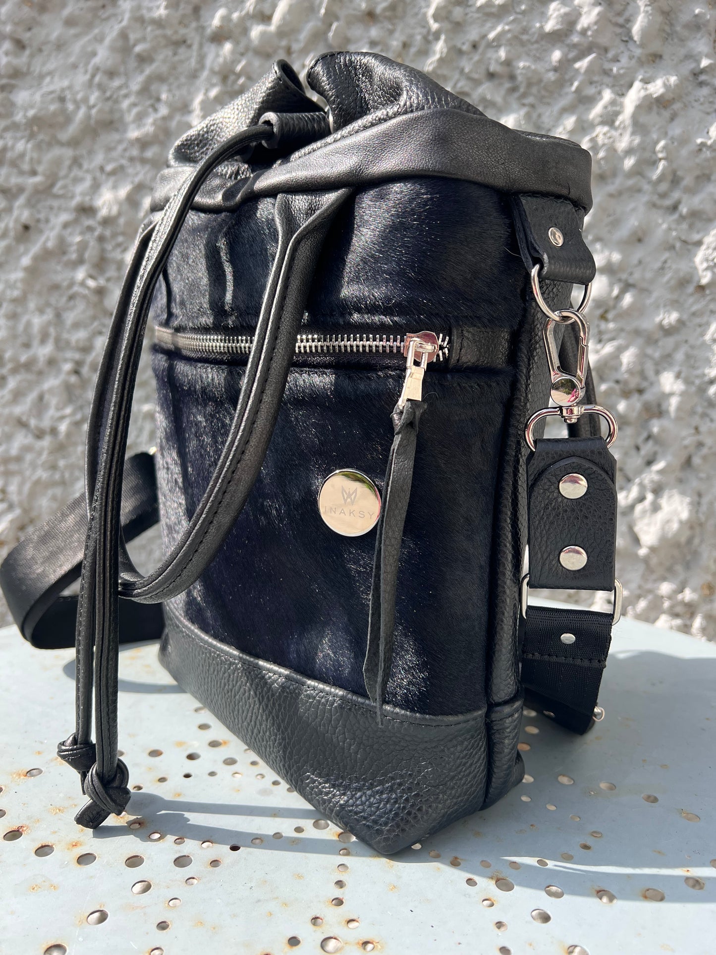 Black bucket bag