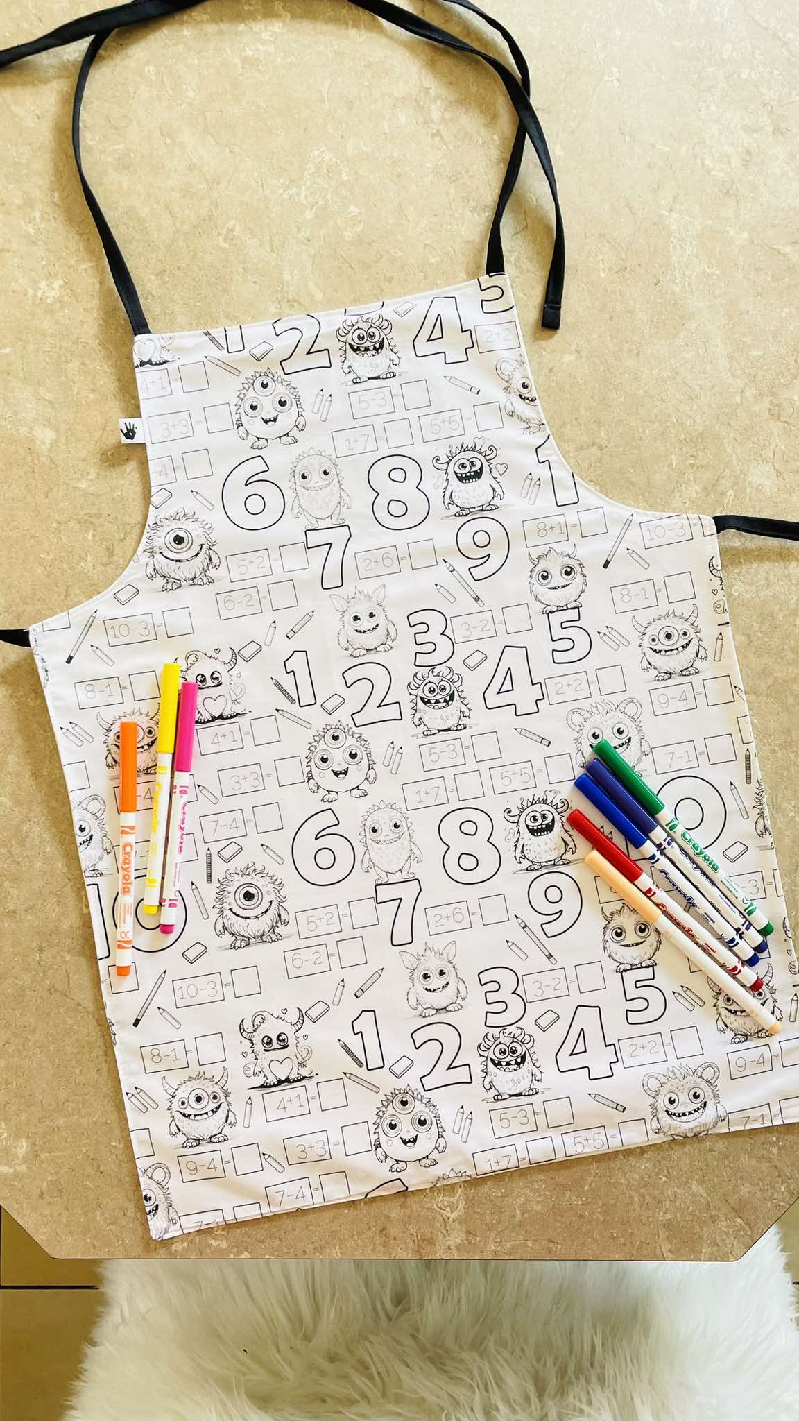Monster Numbers ‘Colour Me’ Apron with 12 Washable Markers – Reversible, Creative, and Durable Apron for Kids Aged 3-8 | Gift Idea
