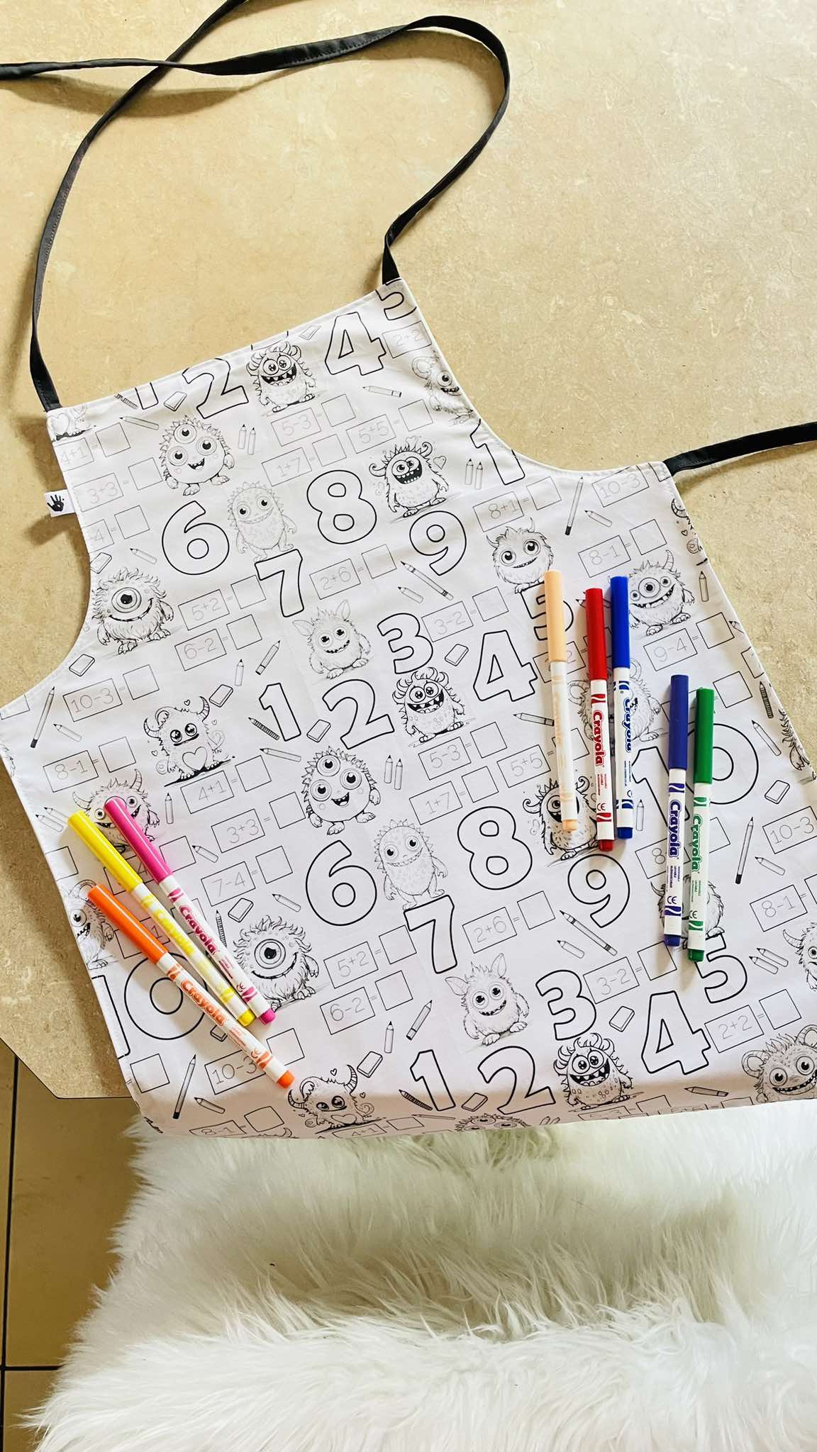 Monster Numbers ‘Colour Me’ Apron with 12 Washable Markers – Reversible, Creative, and Durable Apron for Kids Aged 3-8 | Gift Idea