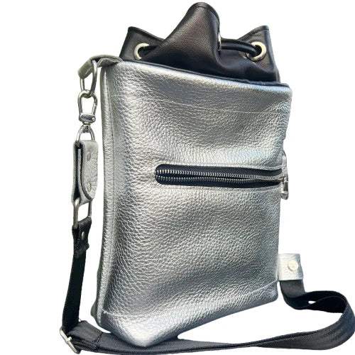 Twinkle Pop Bucket Bag – Metallic Silver Cowhide Leather, Winter Sparkle, Handmade Limited Edition