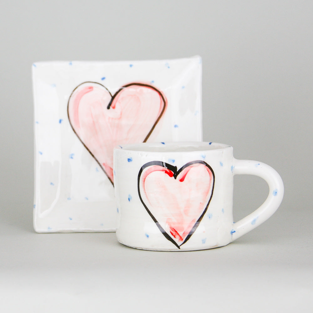 Small Pottery Gift Set with One Mug and One Plate with Gra Heart Design