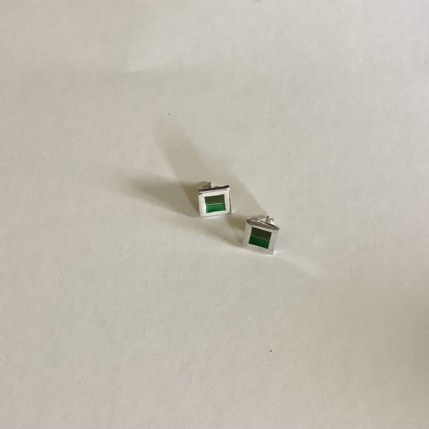 Silver and enamel green square studs