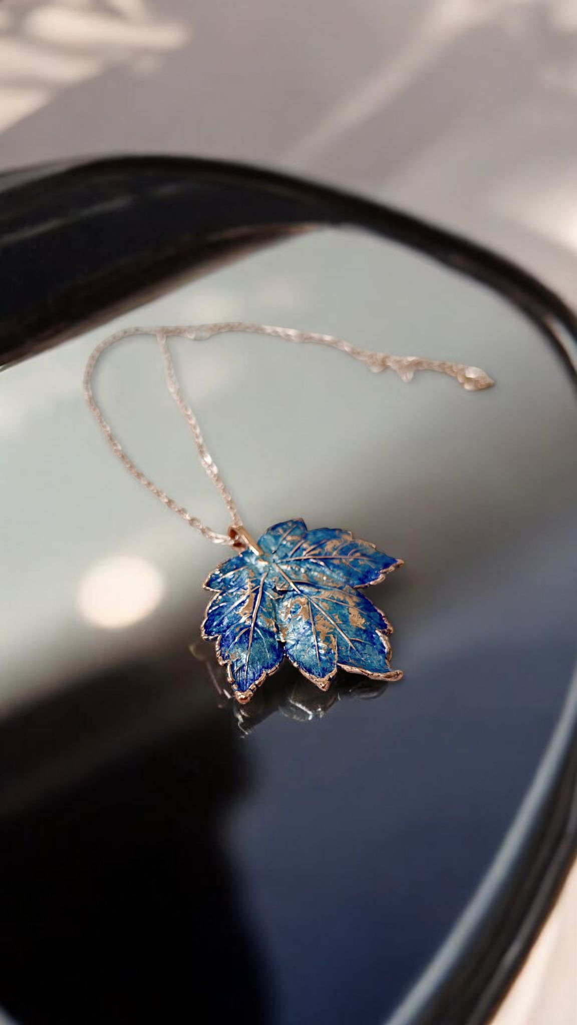 Copper Pendant “Azure Maple” — Real Leaf & Patina