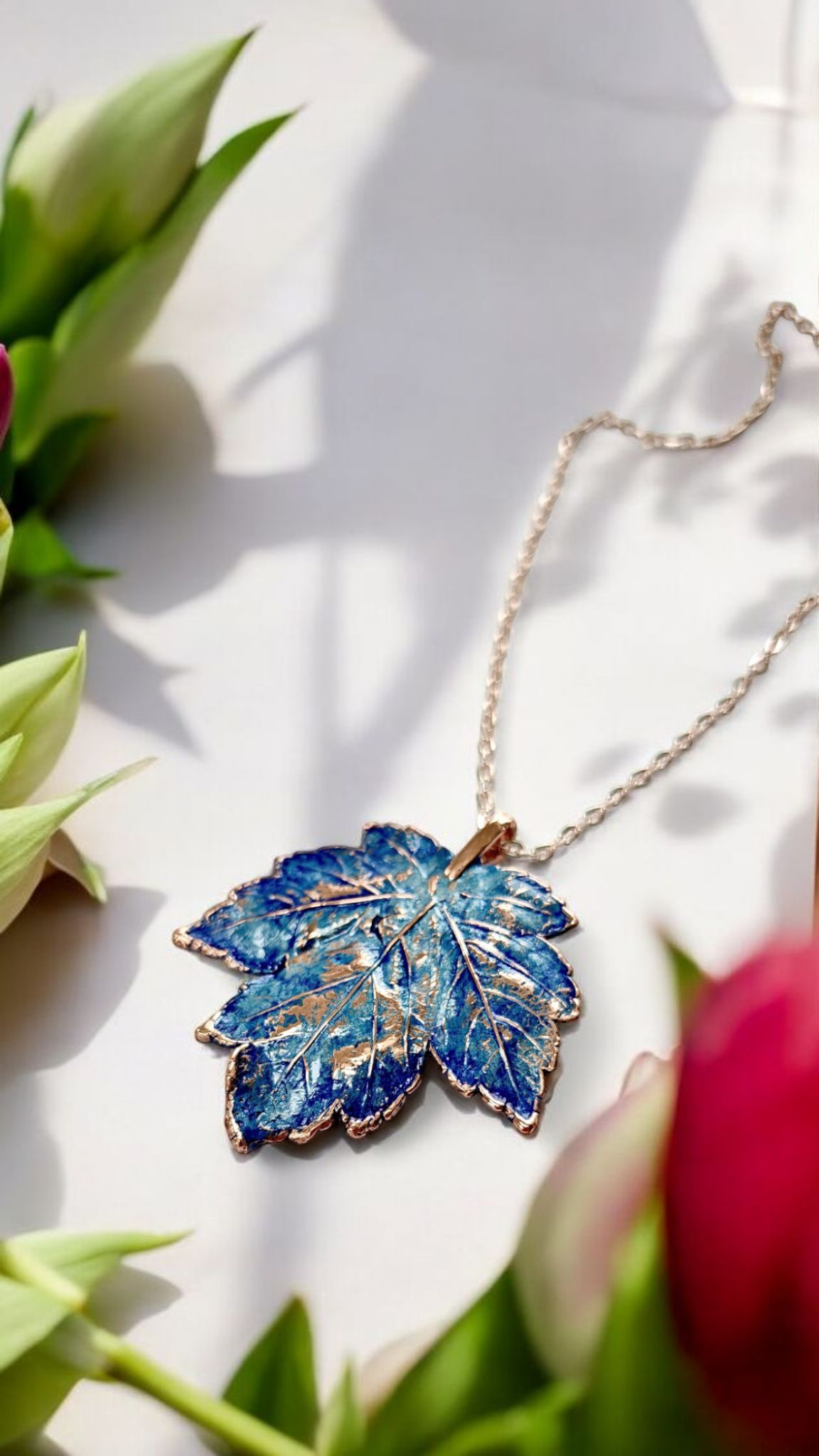 Copper Pendant “Azure Maple” — Real Leaf & Patina