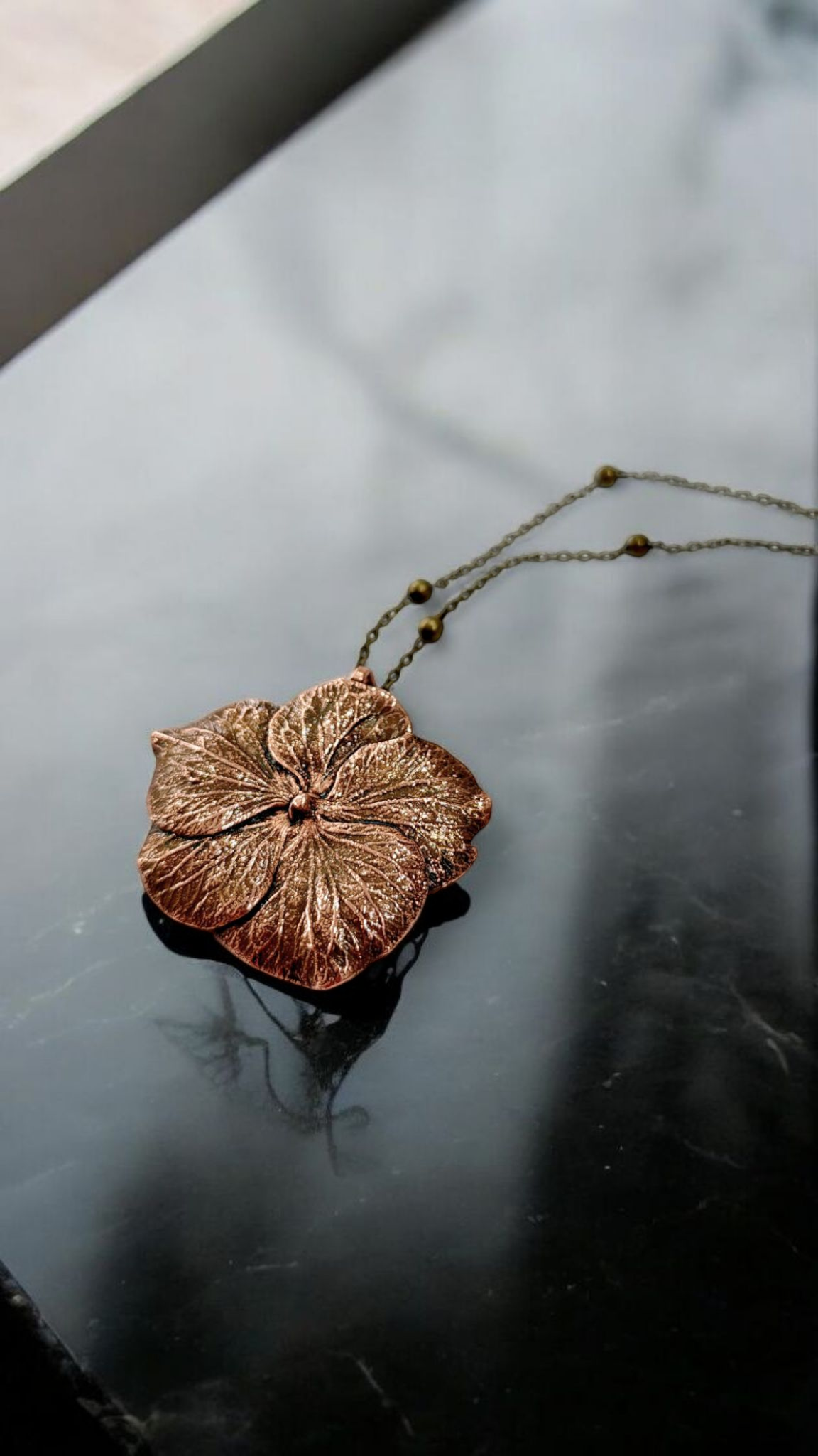 Copper Pendant “Hydrangea — Classic Patina” — Natural Flower