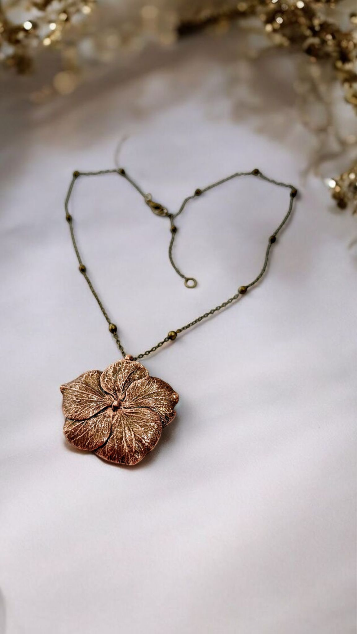 Copper Pendant “Hydrangea — Classic Patina” — Natural Flower