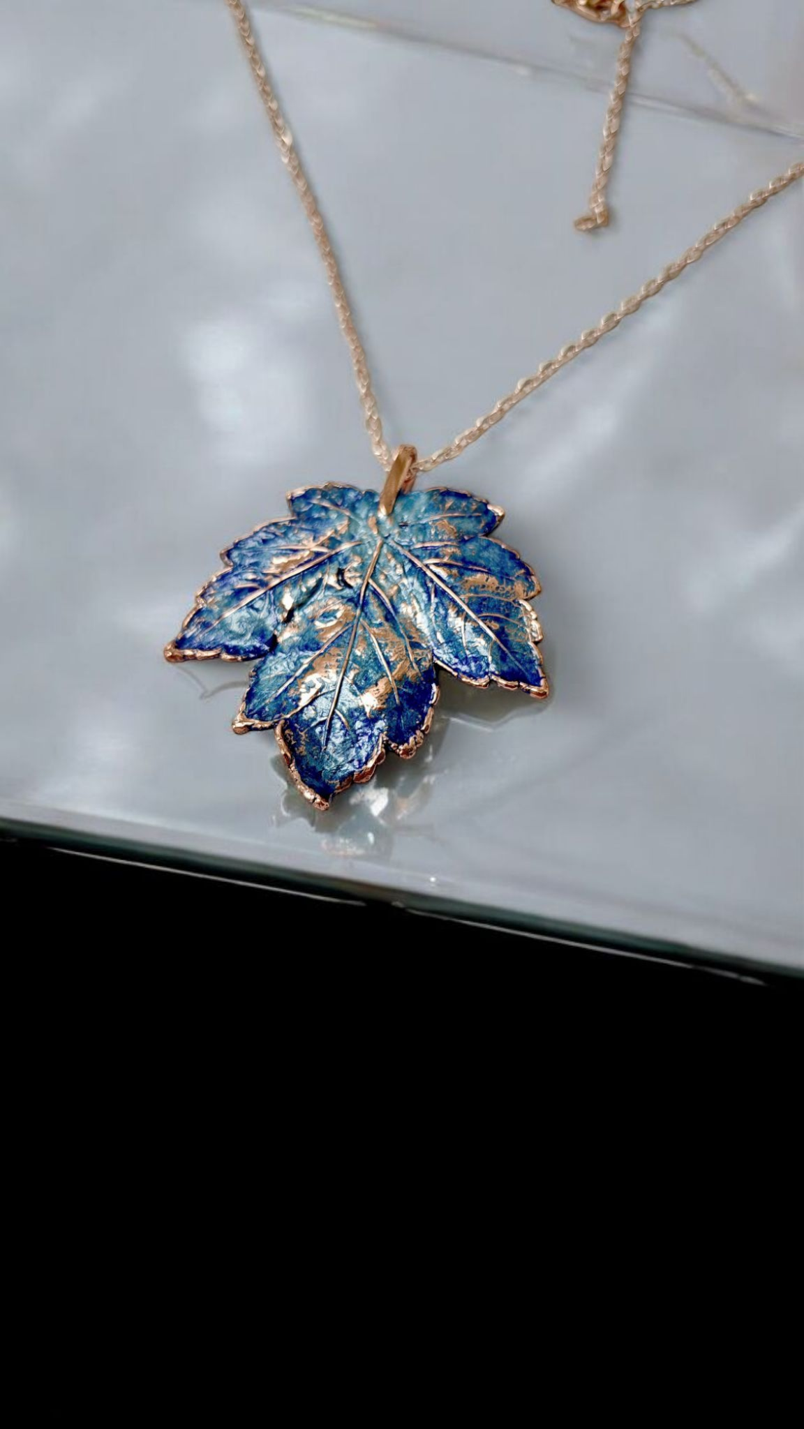 Copper Pendant “Azure Maple” — Real Leaf & Patina