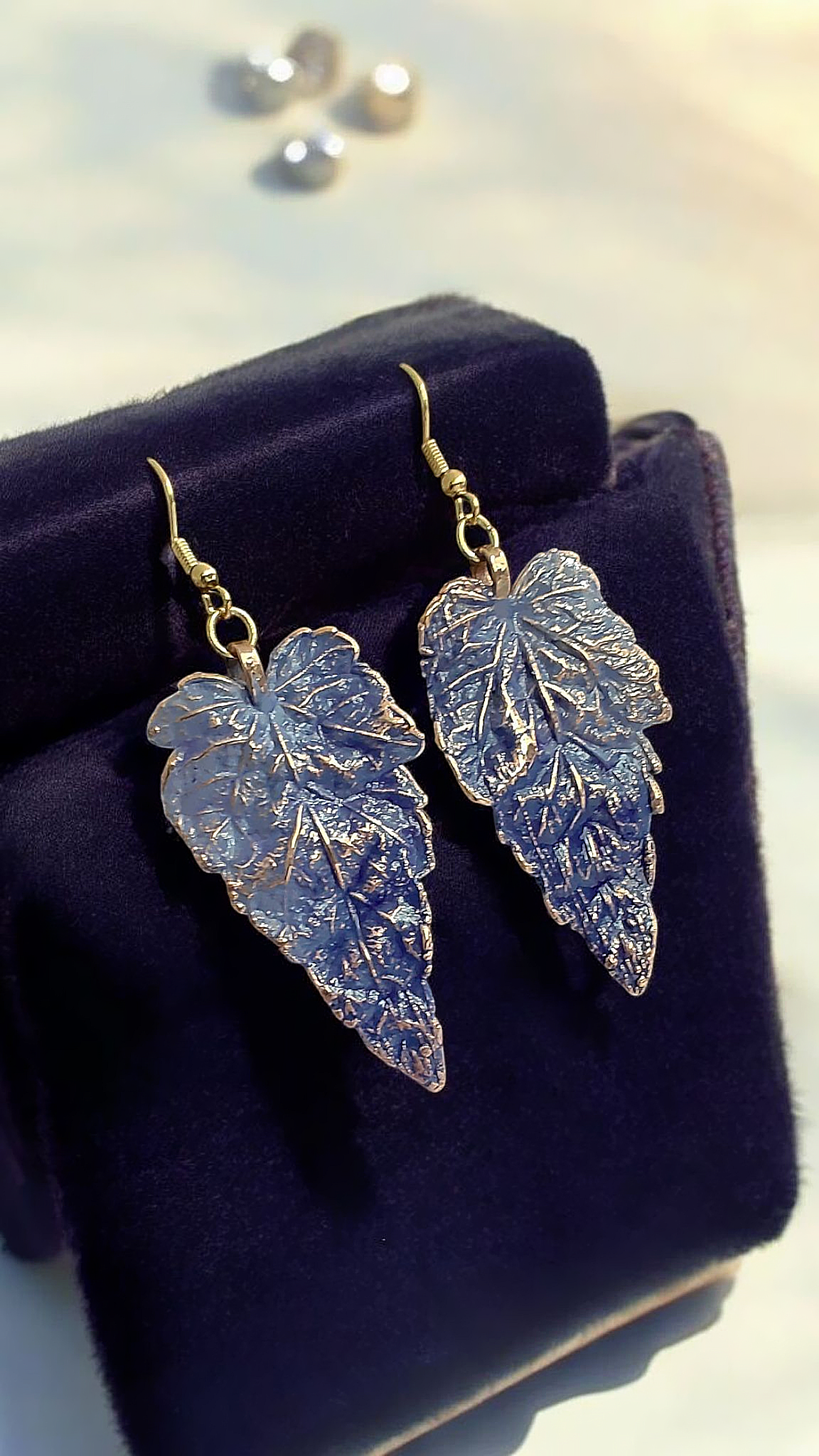 Copper Earrings “Lavender Maple” — Real Leaf & Patina