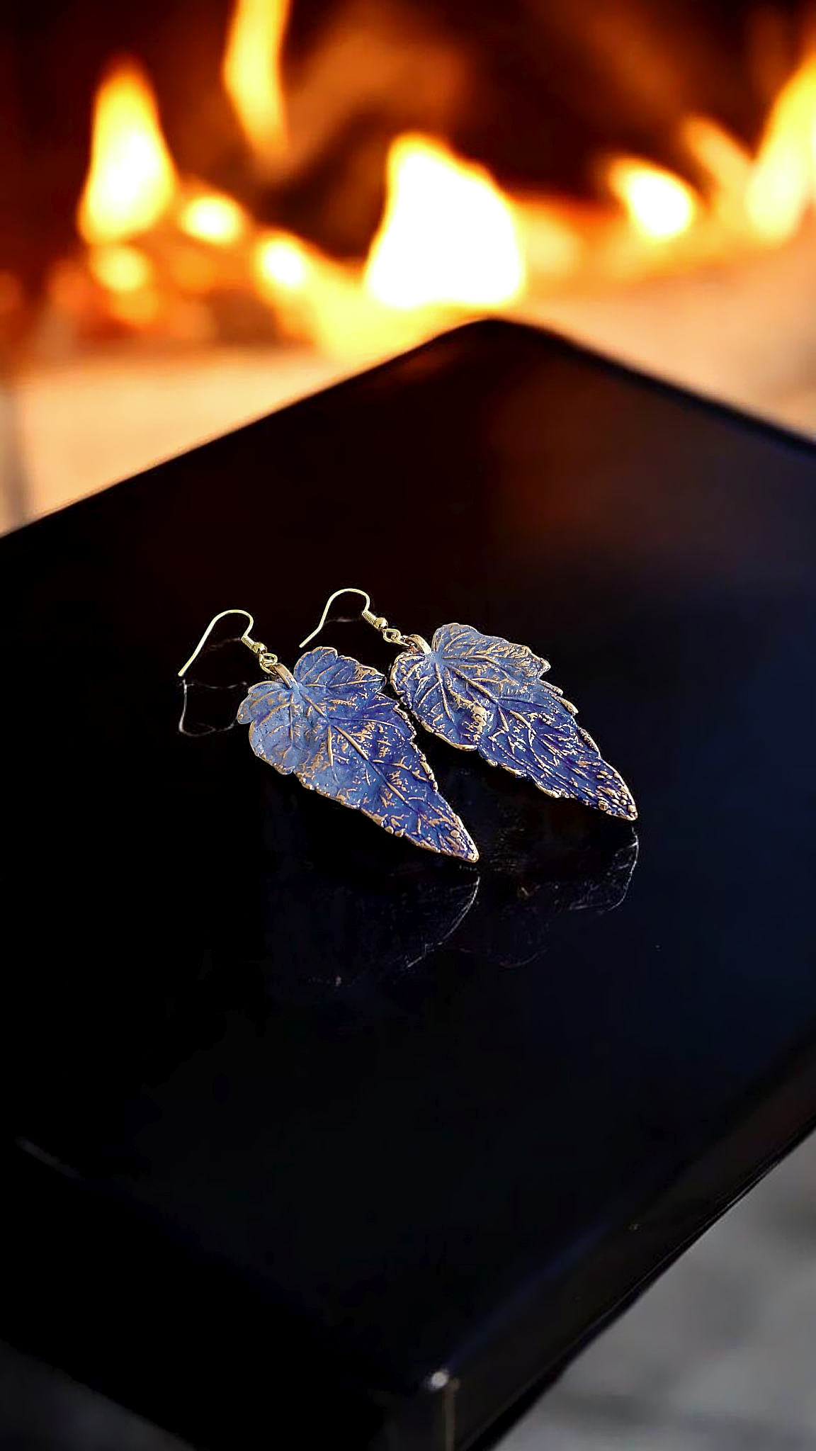 Copper Earrings “Lavender Maple” — Real Leaf & Patina
