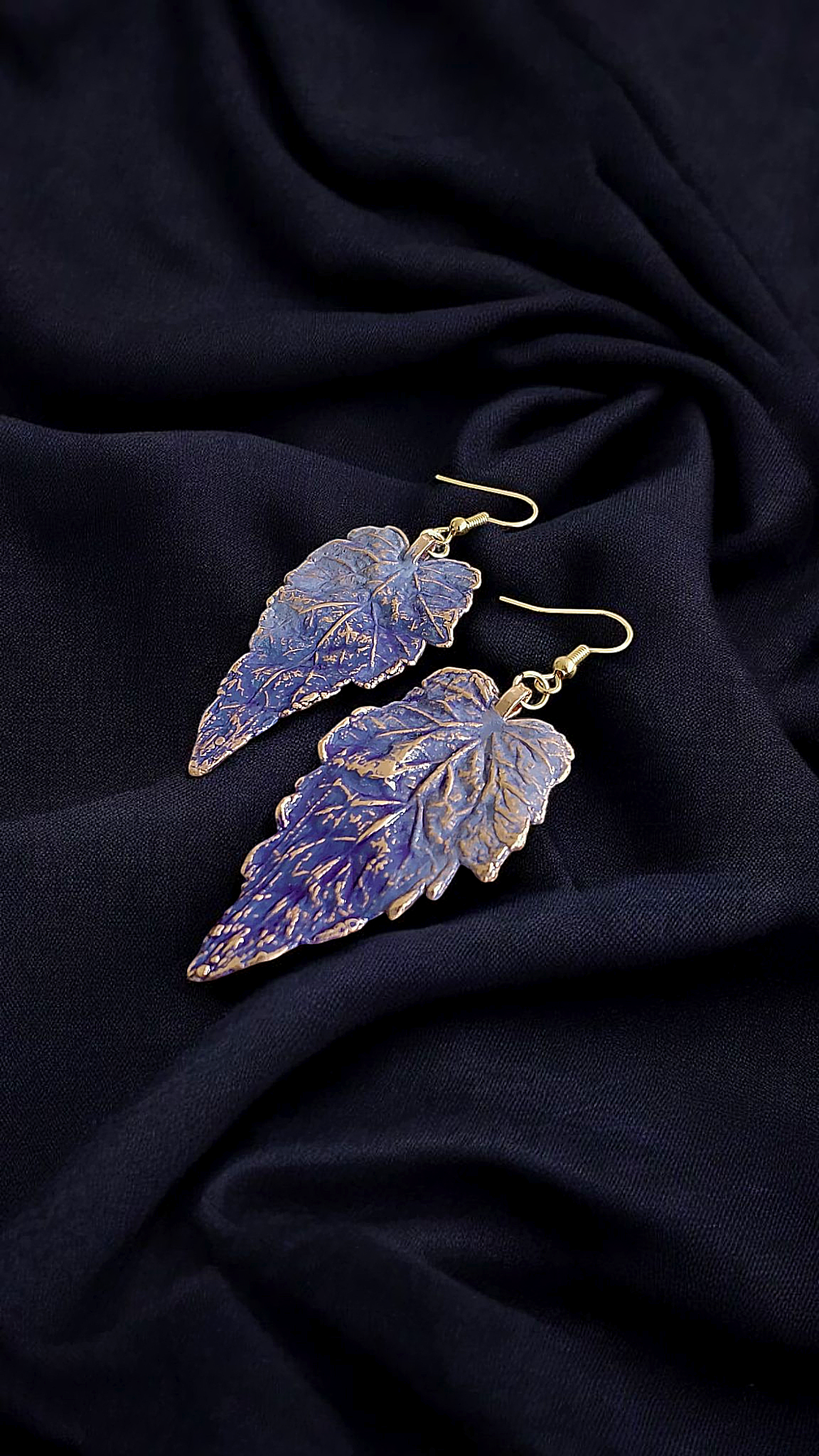 Copper Earrings “Lavender Maple” — Real Leaf & Patina