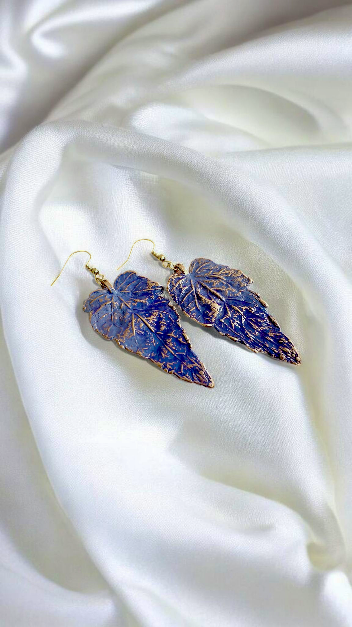 Copper Earrings “Lavender Maple” — Real Leaf & Patina