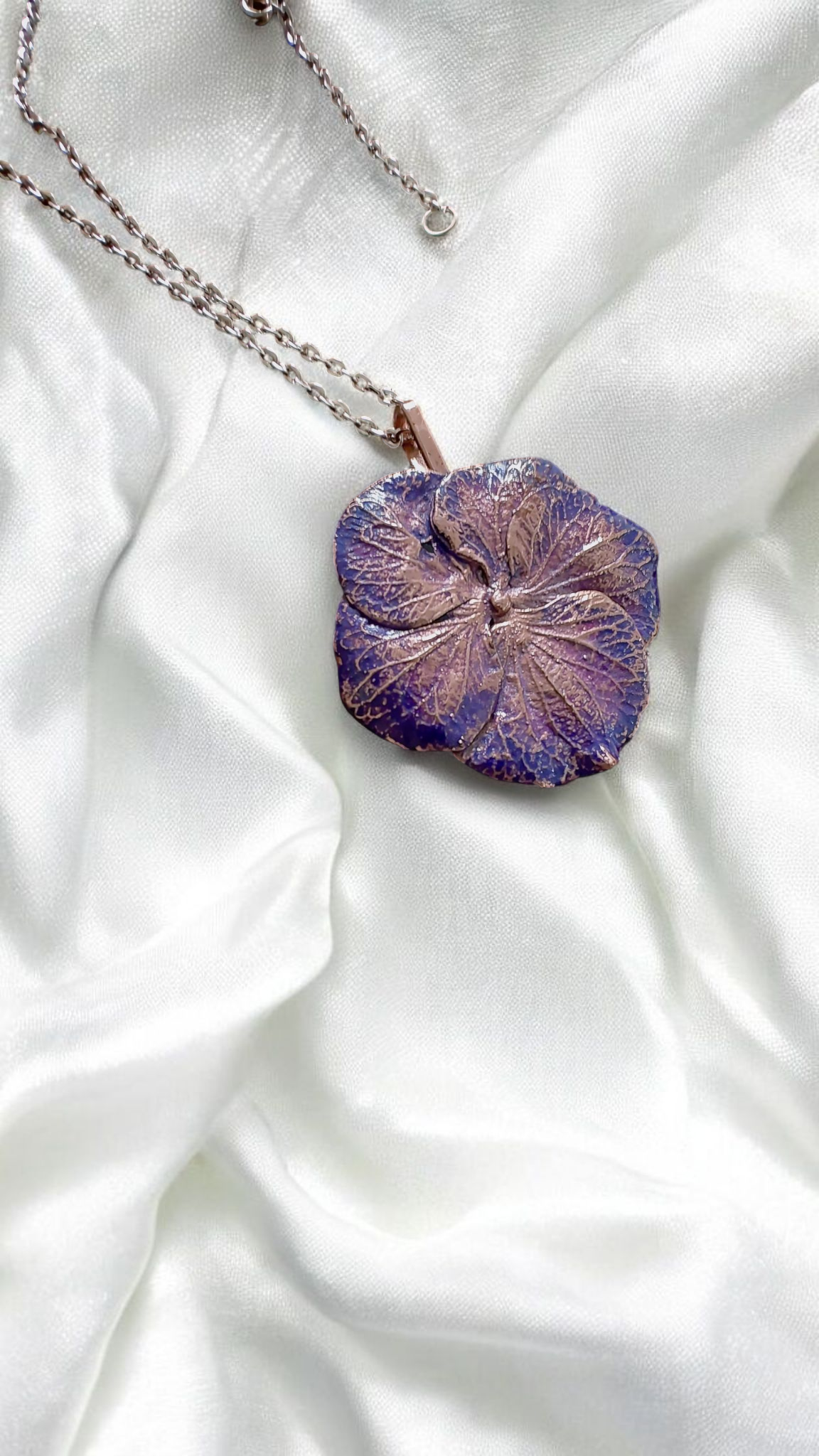 Copper Pendant “Lavender Hydrangea” — Real Flower with Patina
