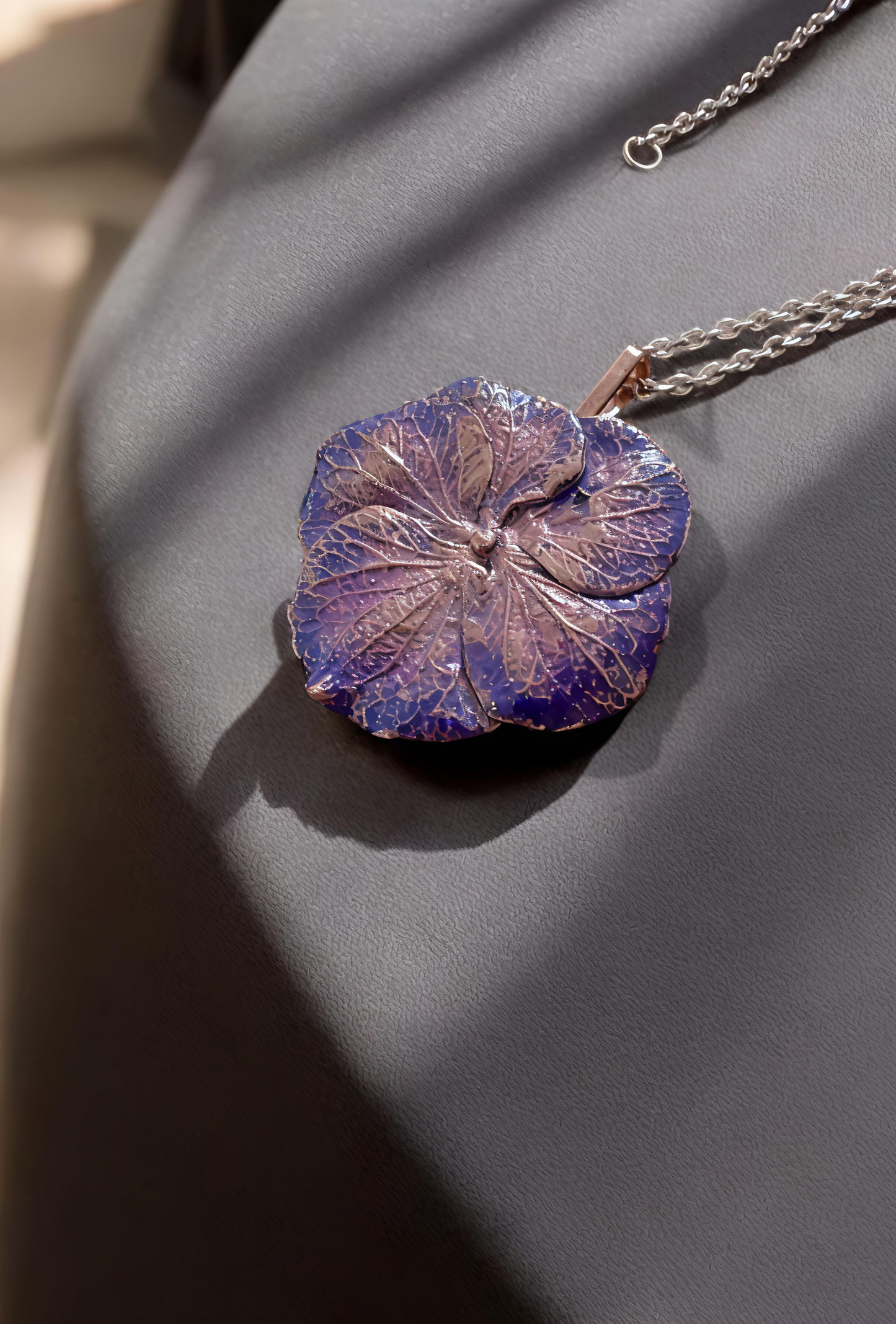 Copper Pendant “Lavender Hydrangea” — Real Flower with Patina