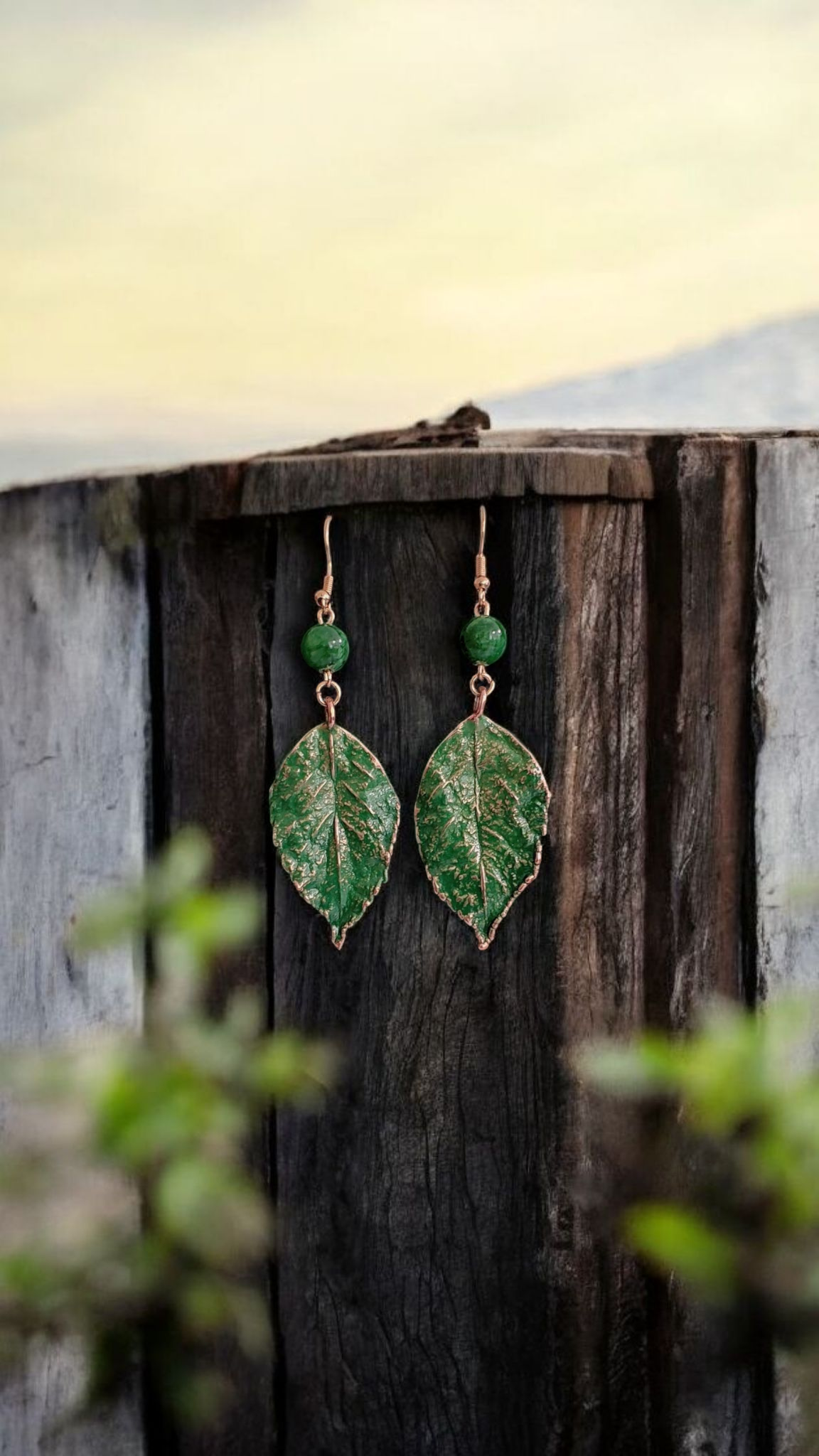 Copper Earrings “Rose Leaf” with Green Patina and Serpentine Stone